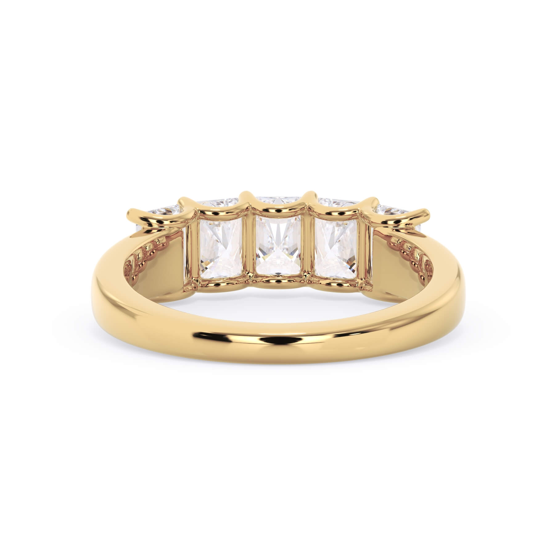 A picture of a five stone diamond wedding ring with radiant cut diamonds that are u prong set in yellow gold on a white background with a view of the underside of the ring.