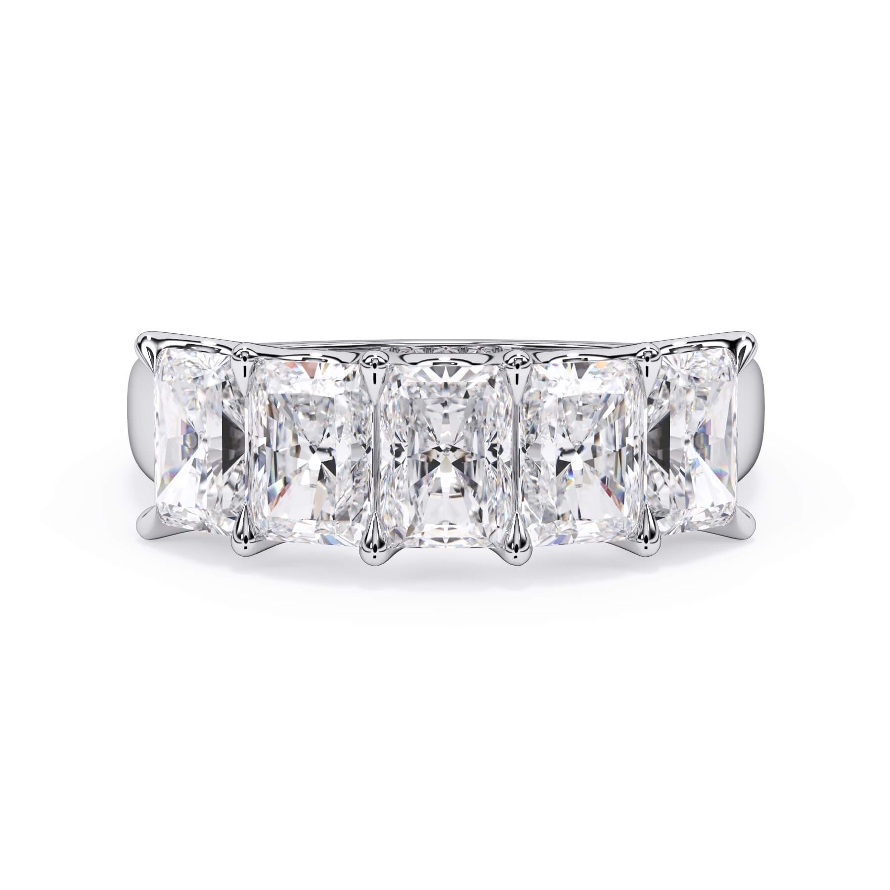 A picture of a five stone diamond wedding ring with radiant cut diamonds that are u prong set in white gold or platinum on a white background with the ring facing forward, lying down.