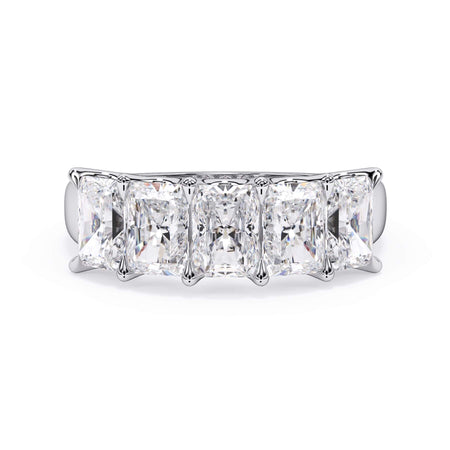 A picture of a five stone diamond wedding ring with radiant cut diamonds that are u prong set in white gold or platinum on a white background with the ring facing forward, lying down.