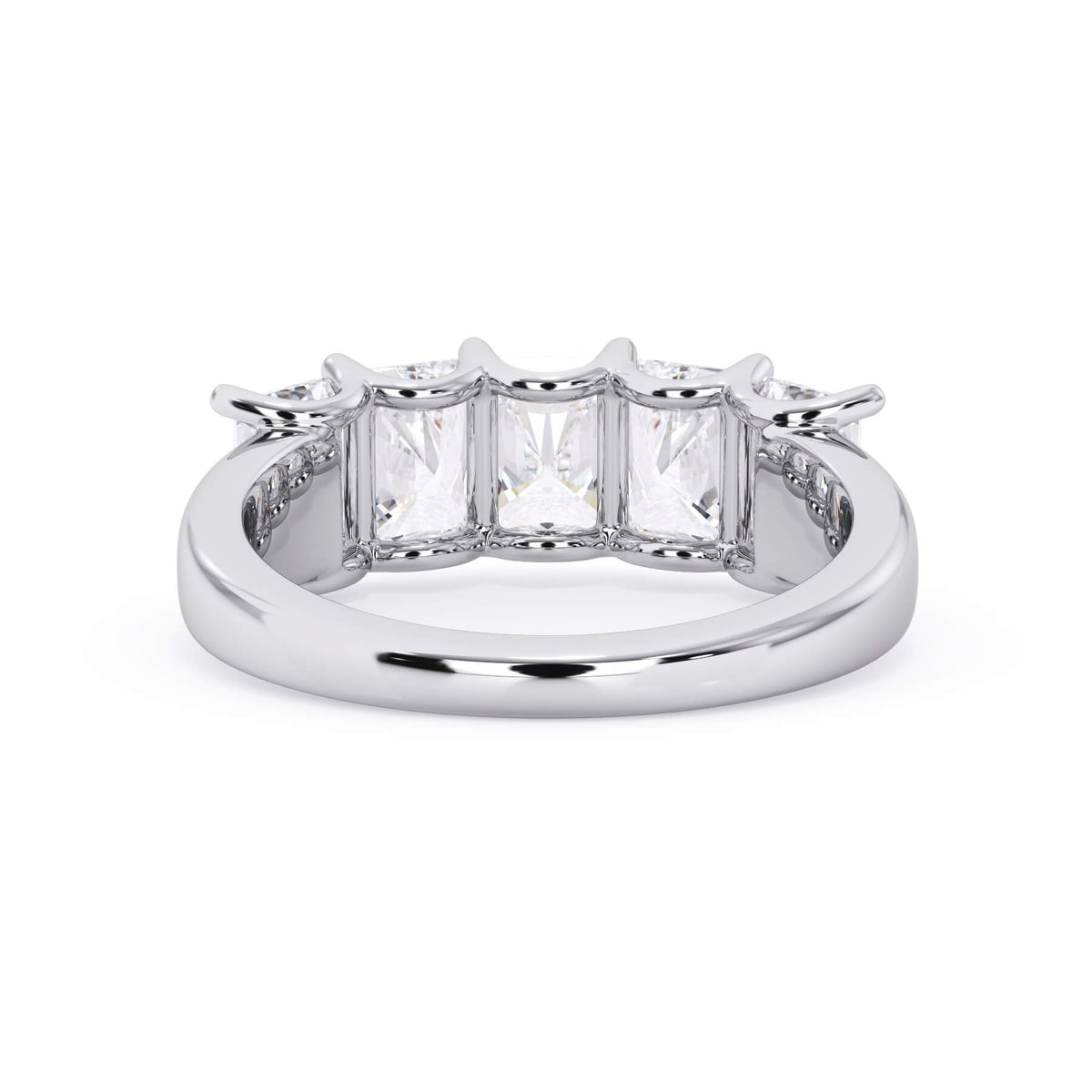 A picture of a five stone diamond wedding ring with radiant cut diamonds that are u prong set in white gold or platinum on a white background with a view of the underside of the ring.