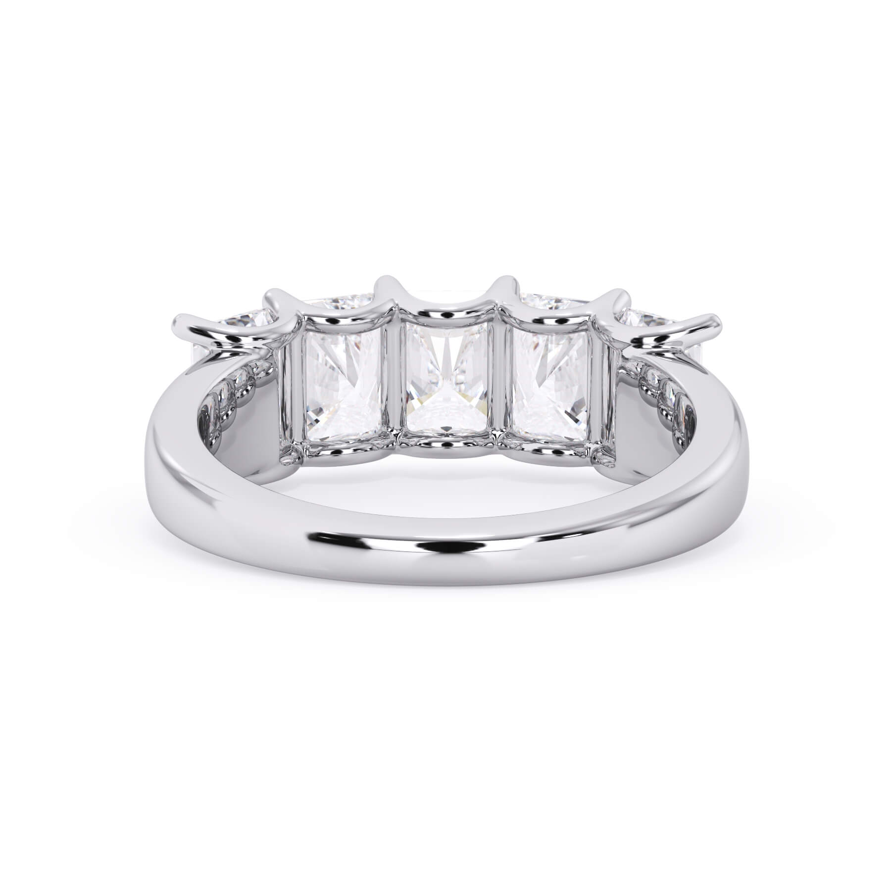 A picture of a five stone diamond wedding ring with radiant cut diamonds that are u prong set in white gold or platinum on a white background with a view of the underside of the ring.