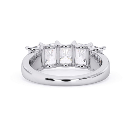 A picture of a five stone diamond wedding ring with radiant cut diamonds that are u prong set in white gold or platinum on a white background with a view of the underside of the ring.