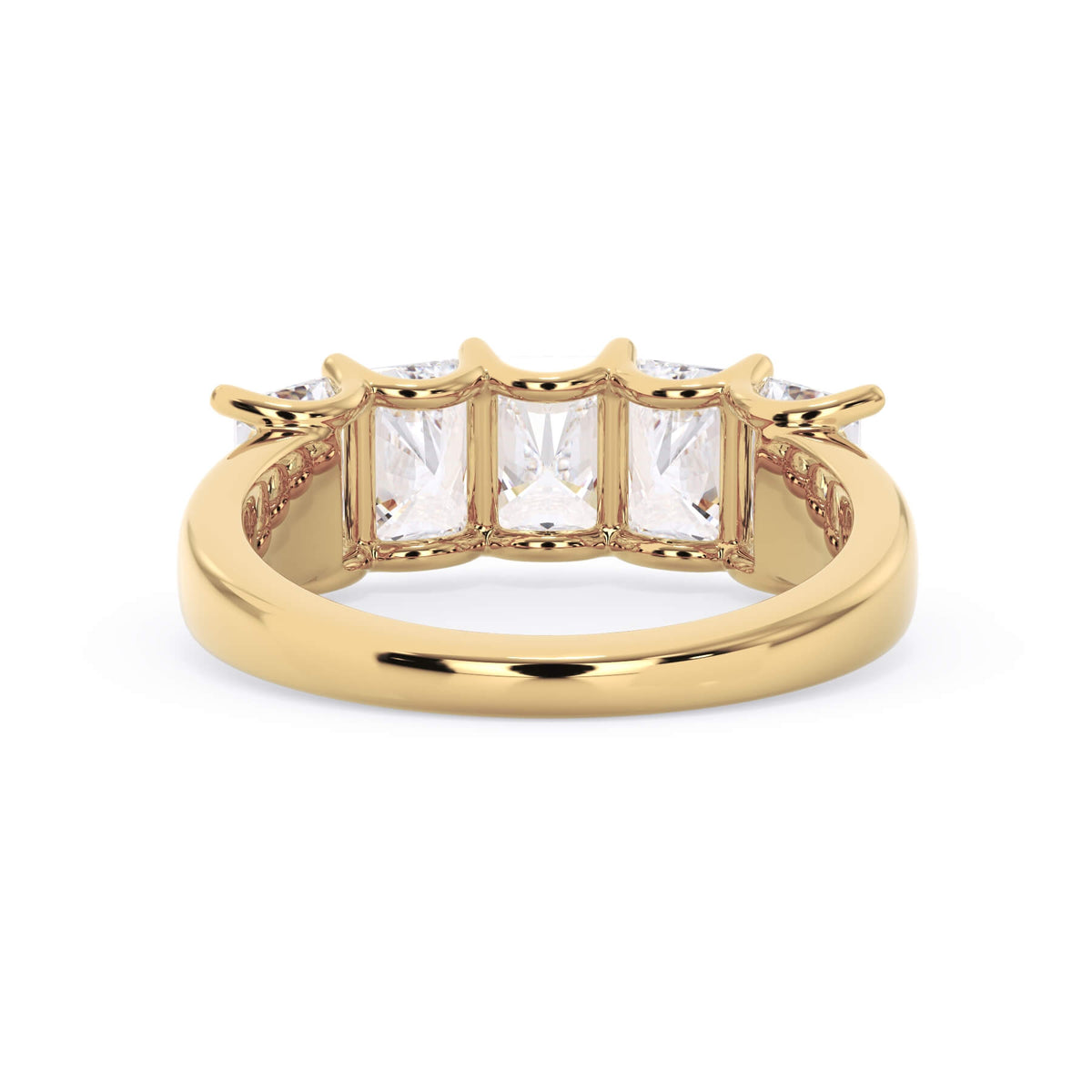 A picture of a five stone diamond wedding ring with radiant cut diamonds that are u prong set in yellow gold on a white background with a view of the underside of the ring.