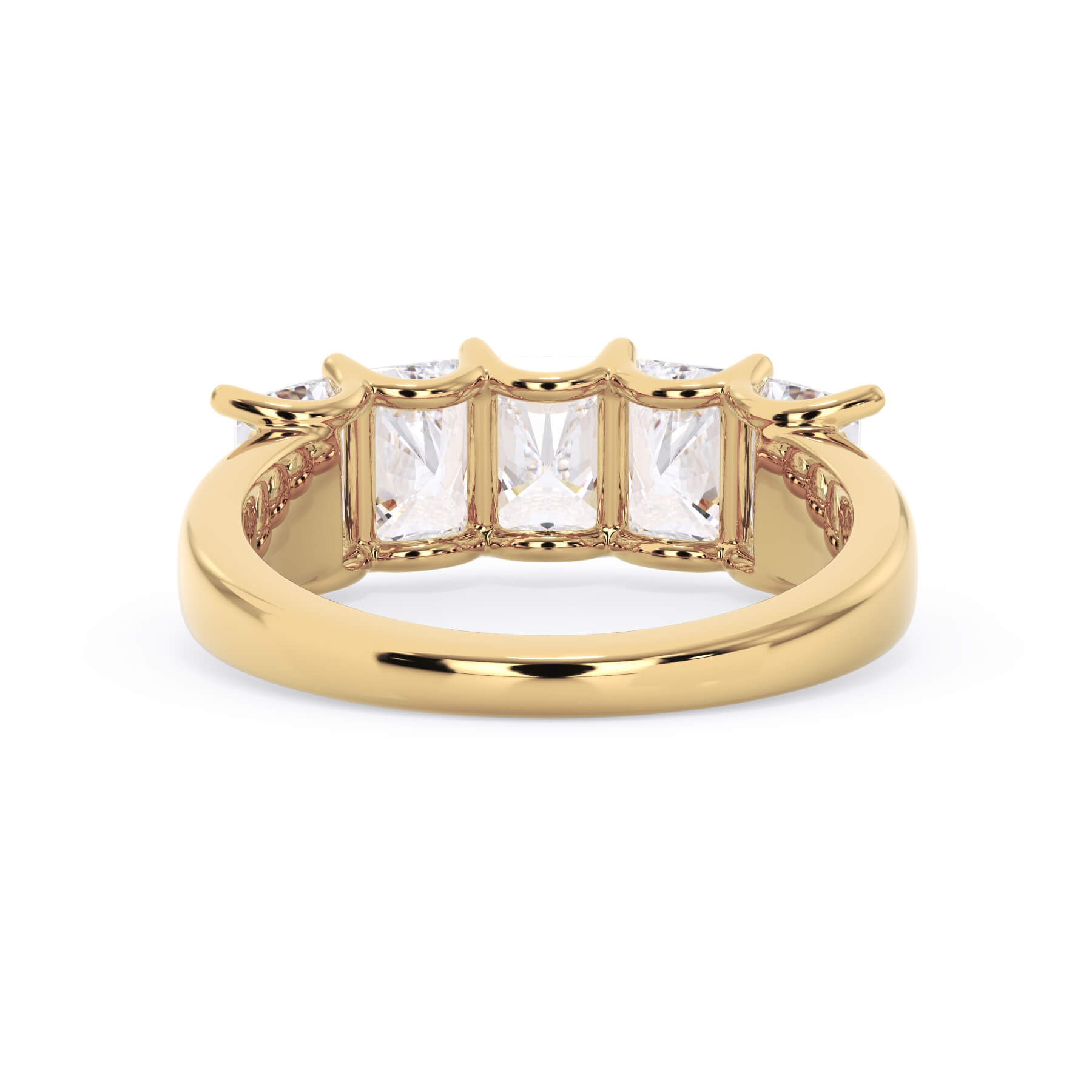 A picture of a five stone diamond wedding ring with radiant cut diamonds that are u prong set in yellow gold on a white background with a view of the underside of the ring.