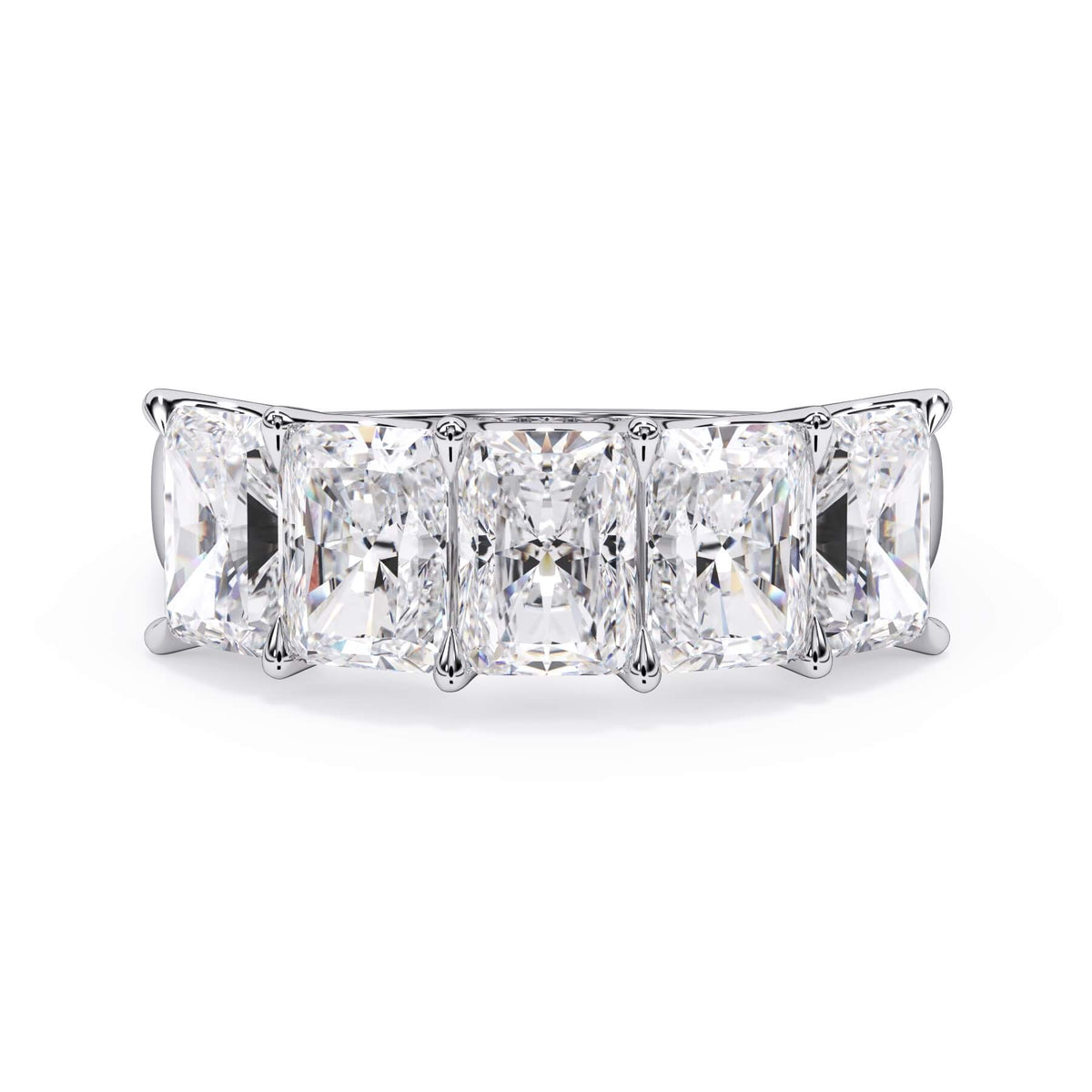 A picture of a five stone diamond wedding ring with radiant cut diamonds that are u prong set in white gold or platinum on a white background with the ring facing forward, lying down.