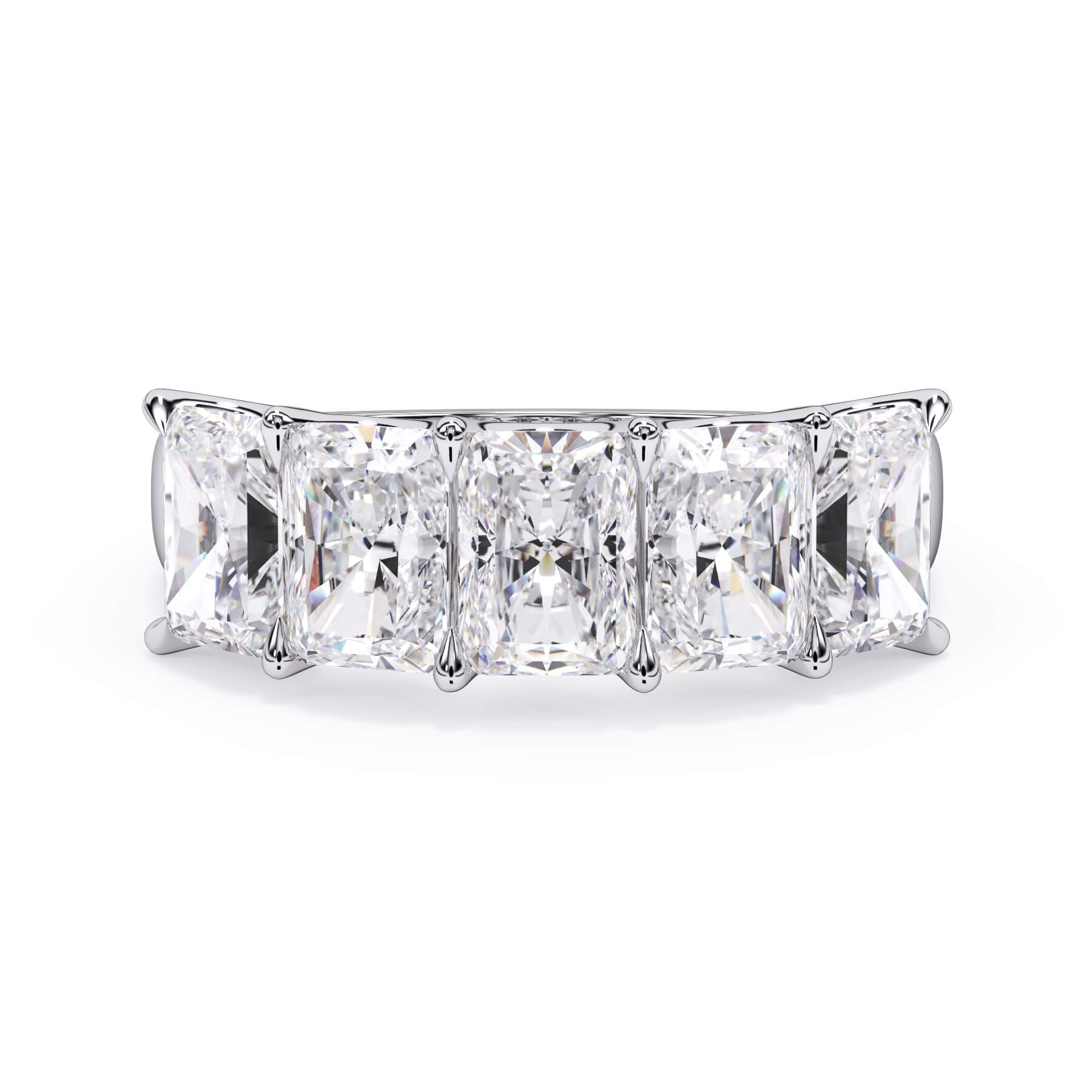 A picture of a five stone diamond wedding ring with radiant cut diamonds that are u prong set in white gold or platinum on a white background with the ring facing forward, lying down.