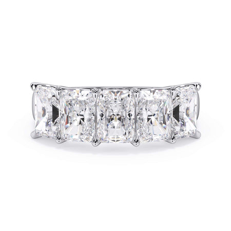 A picture of a five stone diamond wedding ring with radiant cut diamonds that are u prong set in white gold or platinum on a white background with the ring facing forward, lying down.