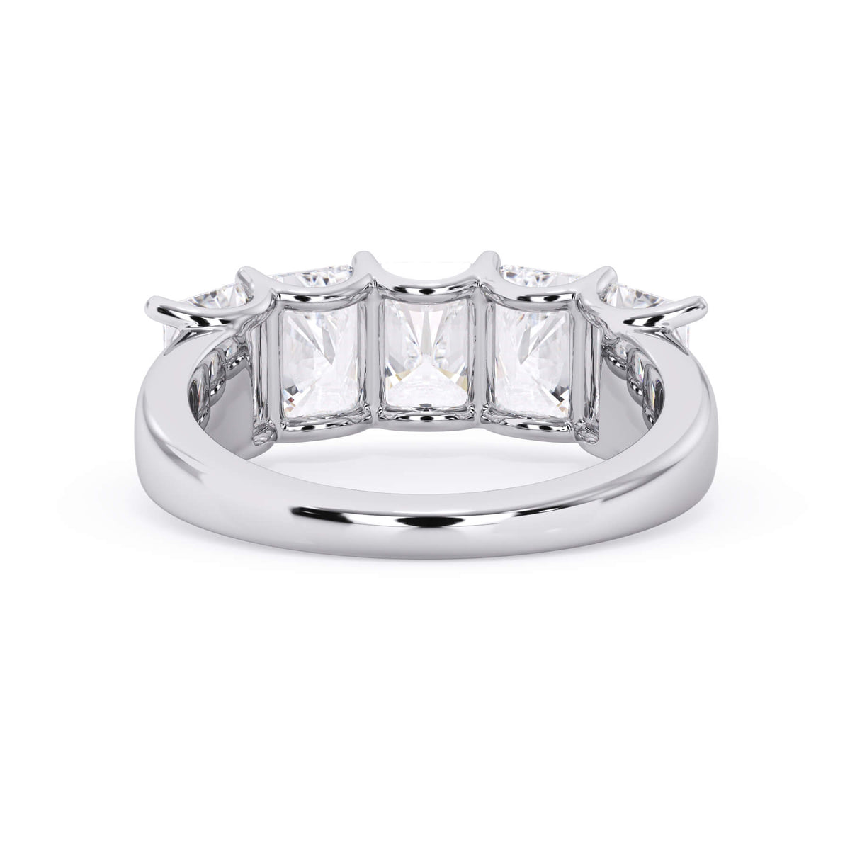 A picture of a five stone diamond wedding ring with radiant cut diamonds that are u prong set in white gold or platinum on a white background with a view of the underside of the ring.