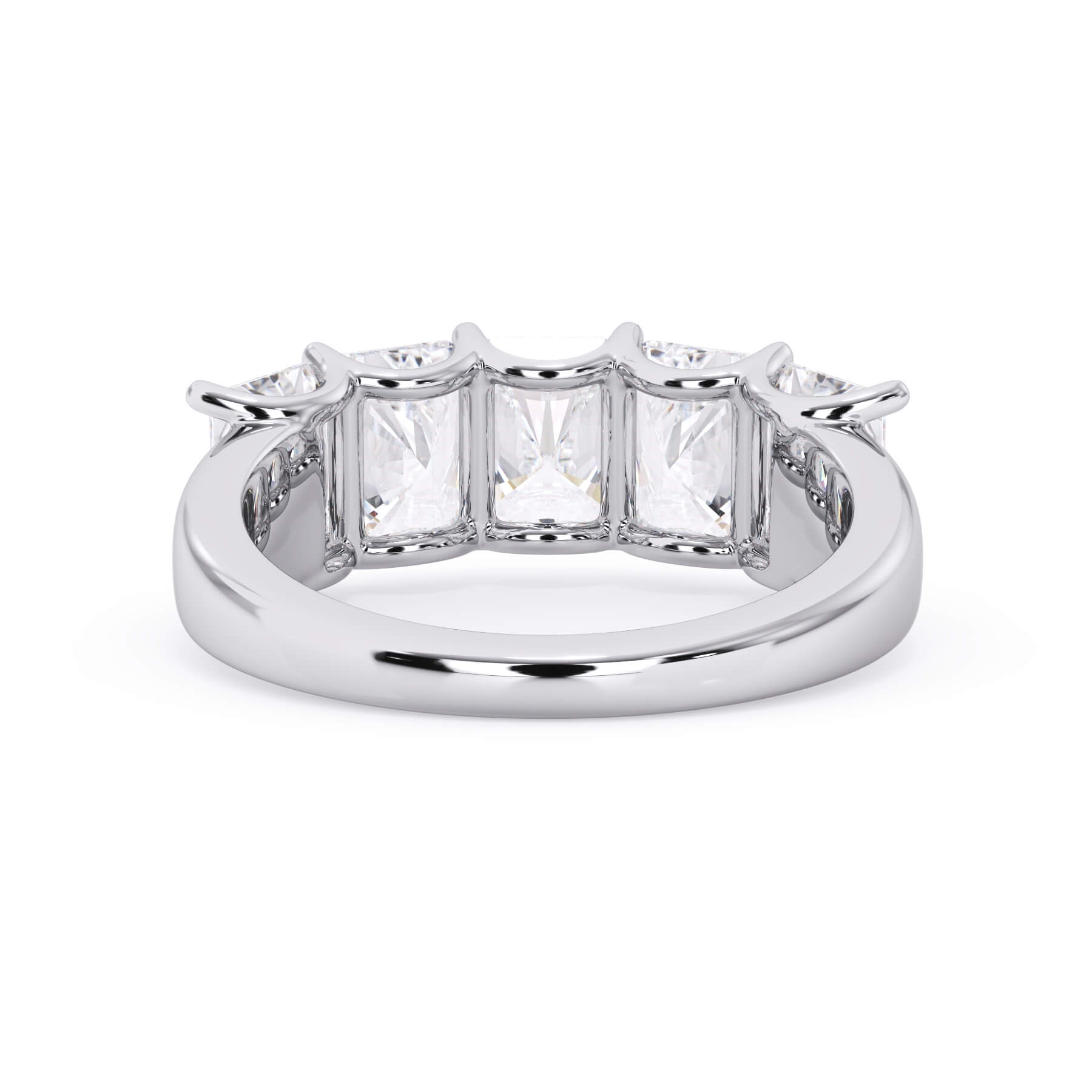 A picture of a five stone diamond wedding ring with radiant cut diamonds that are u prong set in white gold or platinum on a white background with a view of the underside of the ring.