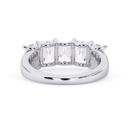 A picture of a five stone diamond wedding ring with radiant cut diamonds that are u prong set in white gold or platinum on a white background with a view of the underside of the ring.