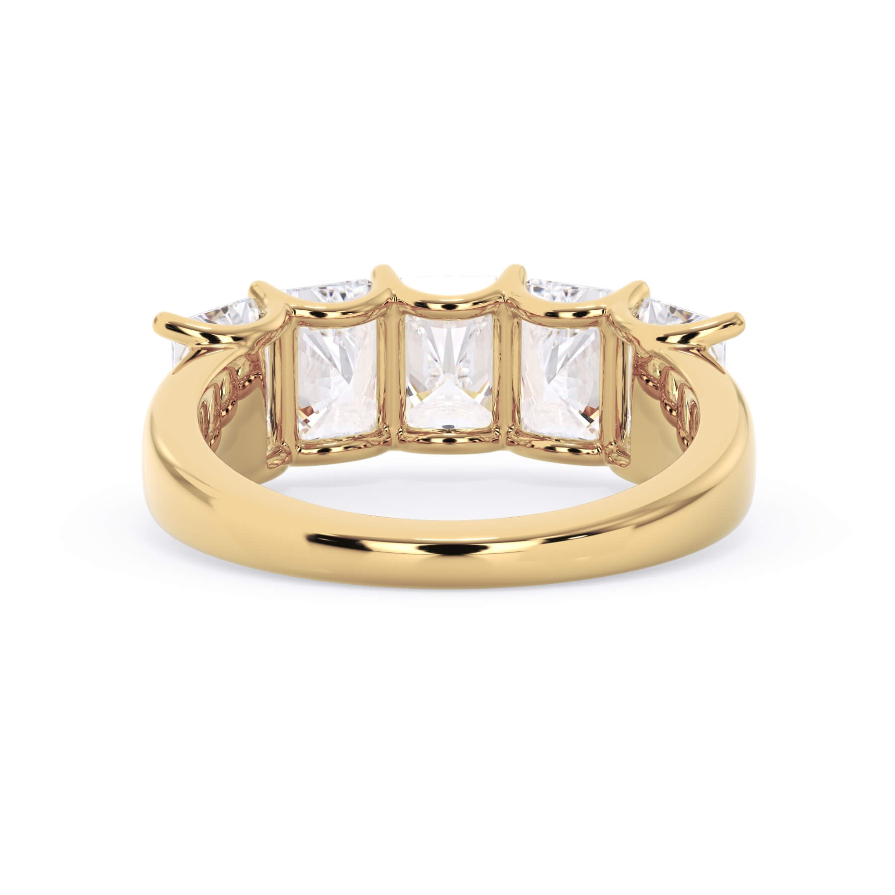 A picture of a five stone diamond wedding ring with radiant cut diamonds that are u prong set in yellow gold on a white background with a view of the underside of the ring.