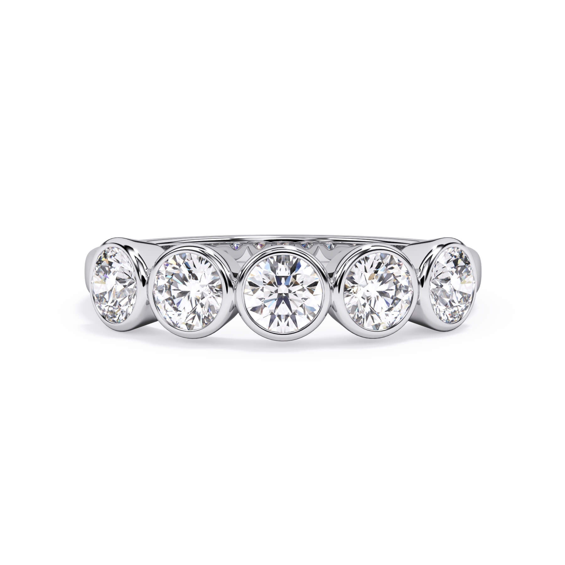 A picture of a five stone diamond wedding ring with round diamonds that are bezel set in white gold or platinum on a white background with the ring facing forward, lying down.