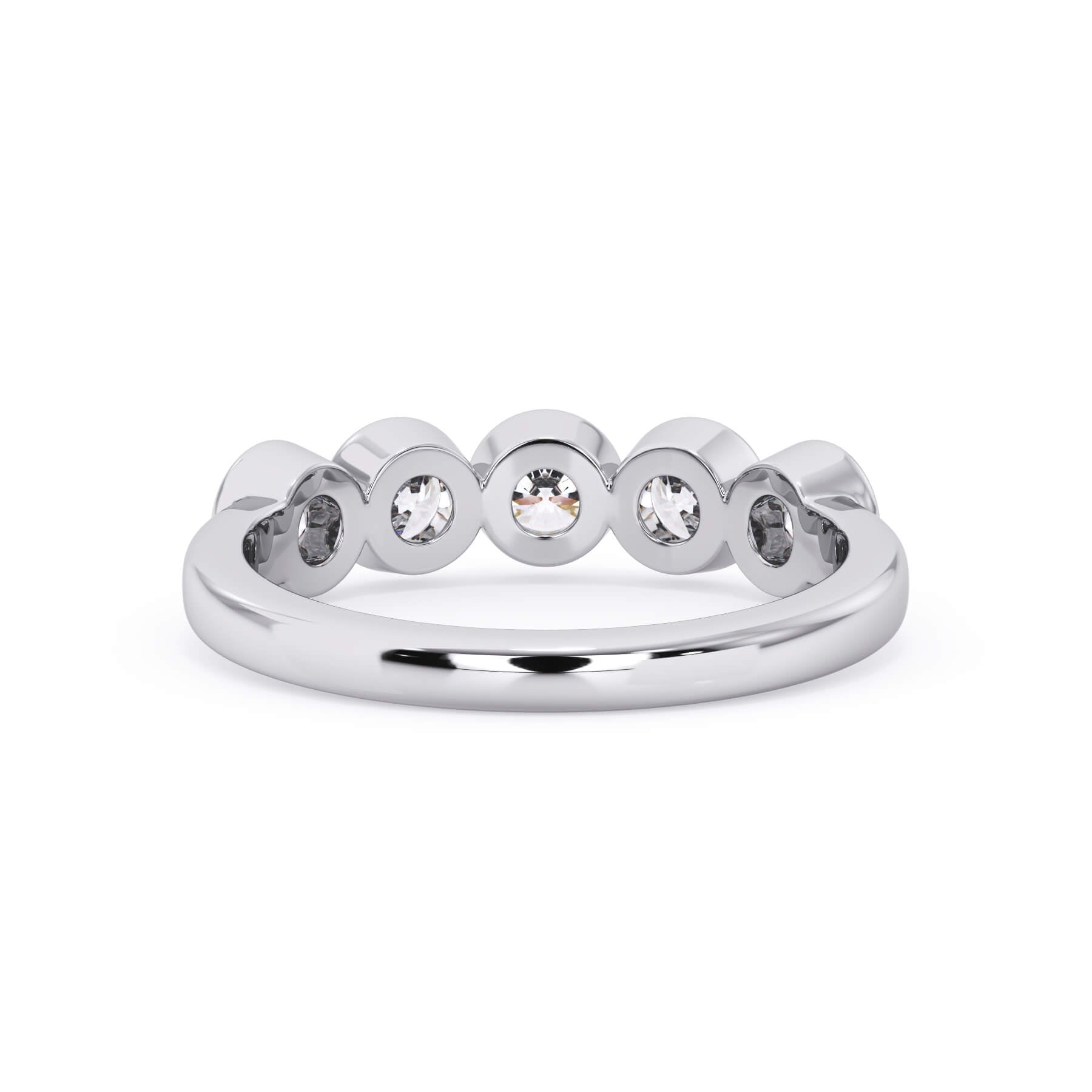 A picture of a five stone diamond wedding ring with round diamonds that are bezel set in white gold or platinum on a white background with a view of the underside of the ring.