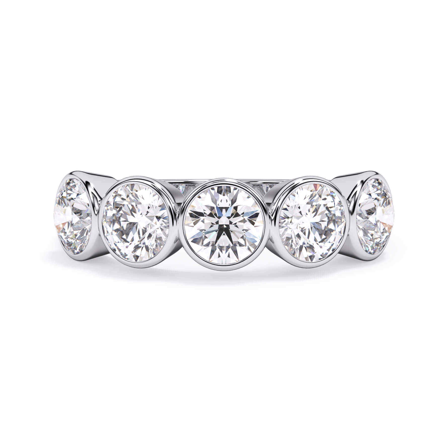 A picture of a five stone diamond wedding ring with round diamonds that are bezel set in white gold or platinum on a white background with the ring facing forward, lying down.