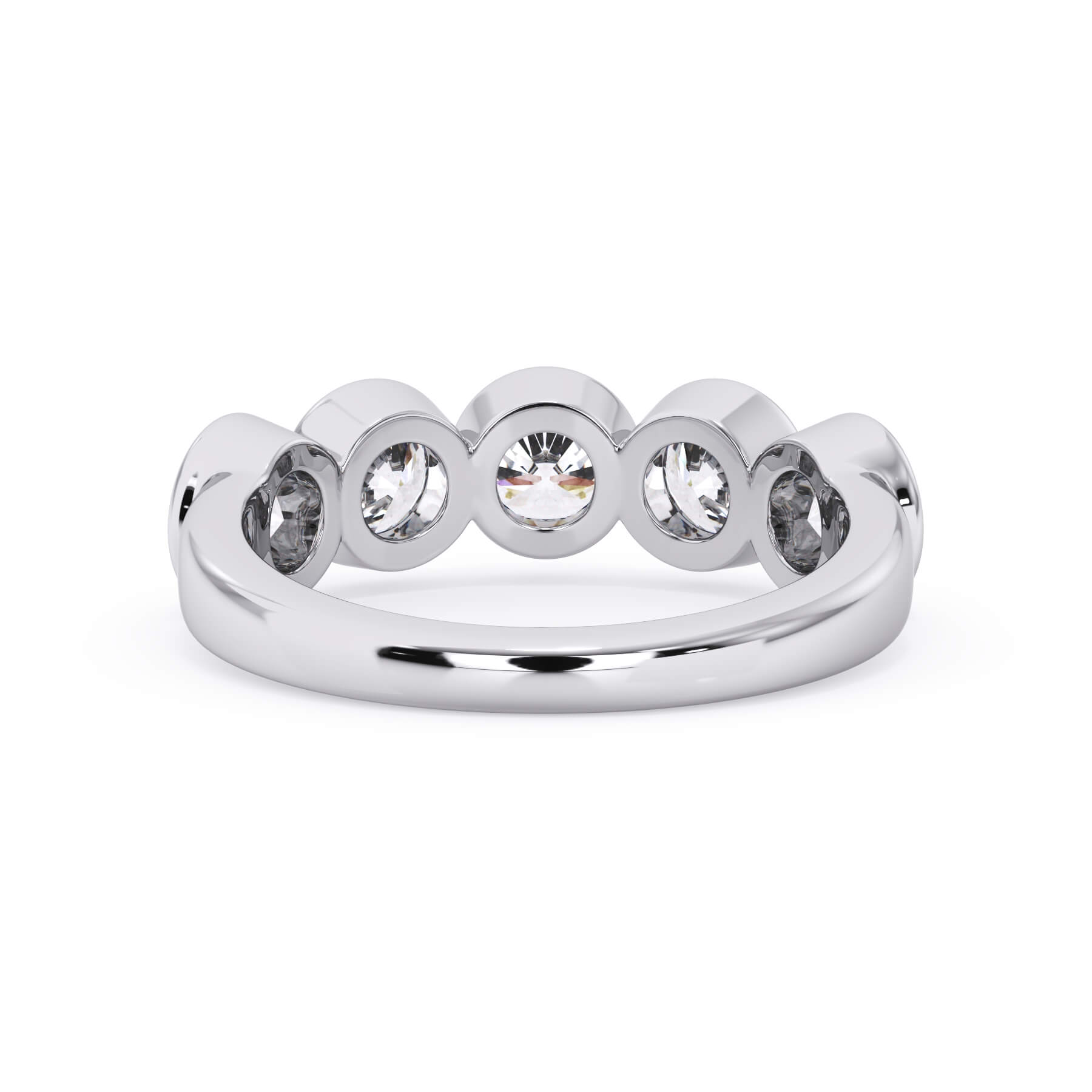 A picture of a five stone diamond wedding ring with round diamonds that are bezel set in white gold or platinum on a white background with a view of the underside of the ring.