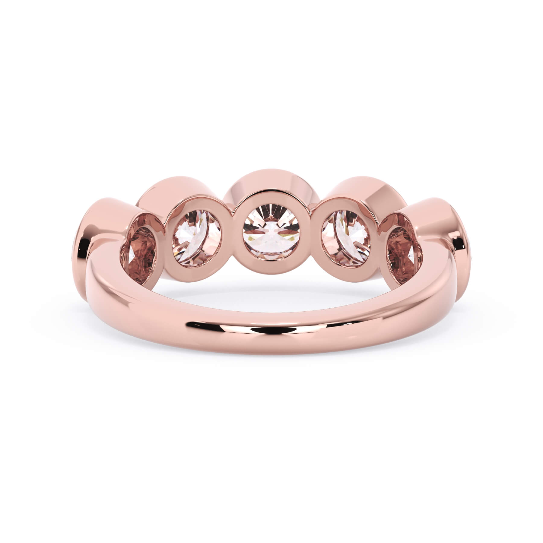 A picture of a five stone diamond wedding ring with round diamonds that are bezel set in rose gold on a white background with a view of the underside of the ring.