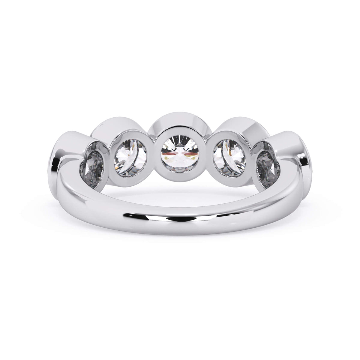 A picture of a five stone diamond wedding ring with round diamonds that are bezel set in white gold or platinum on a white background with a view of the underside of the ring.