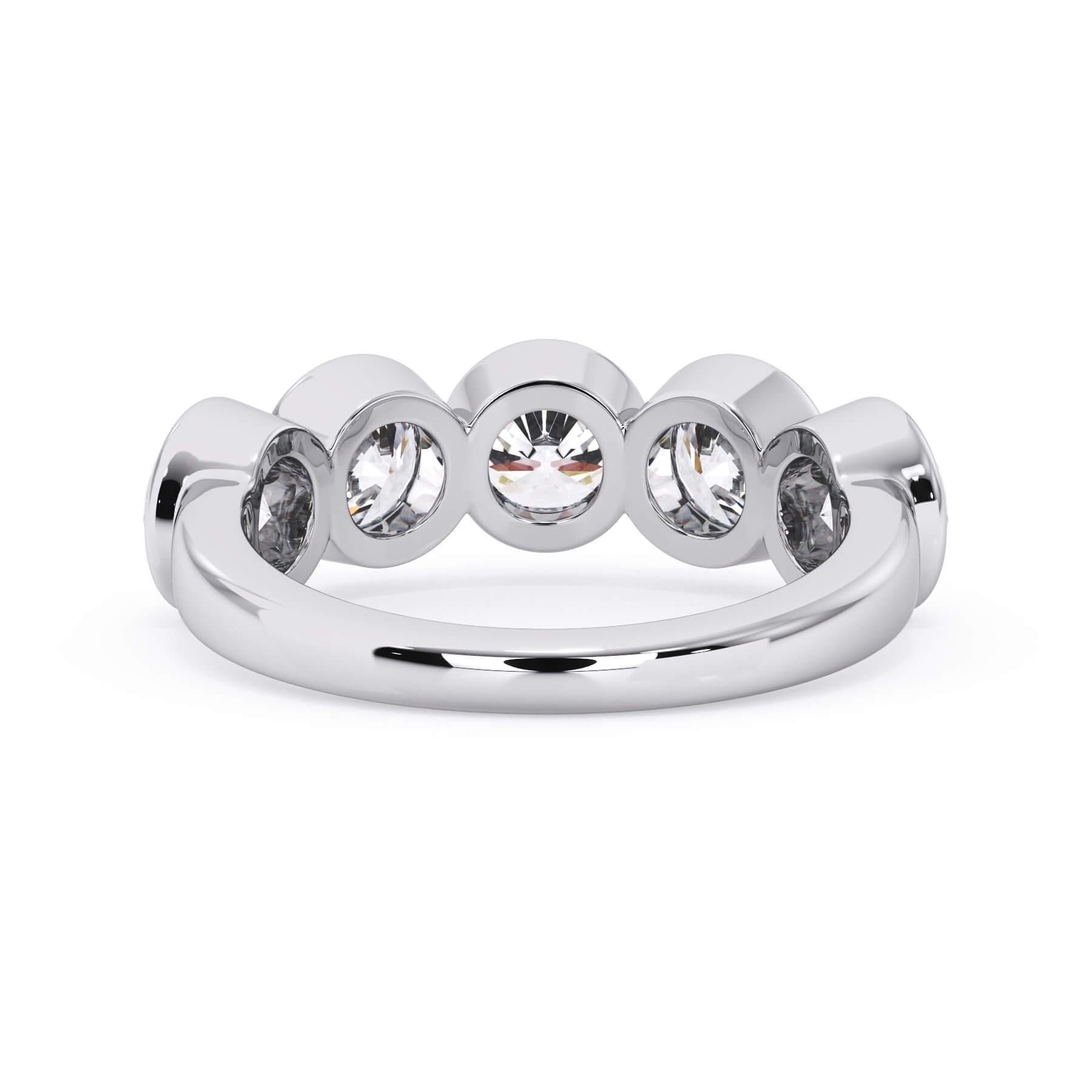 A picture of a five stone diamond wedding ring with round diamonds that are bezel set in white gold or platinum on a white background with a view of the underside of the ring.
