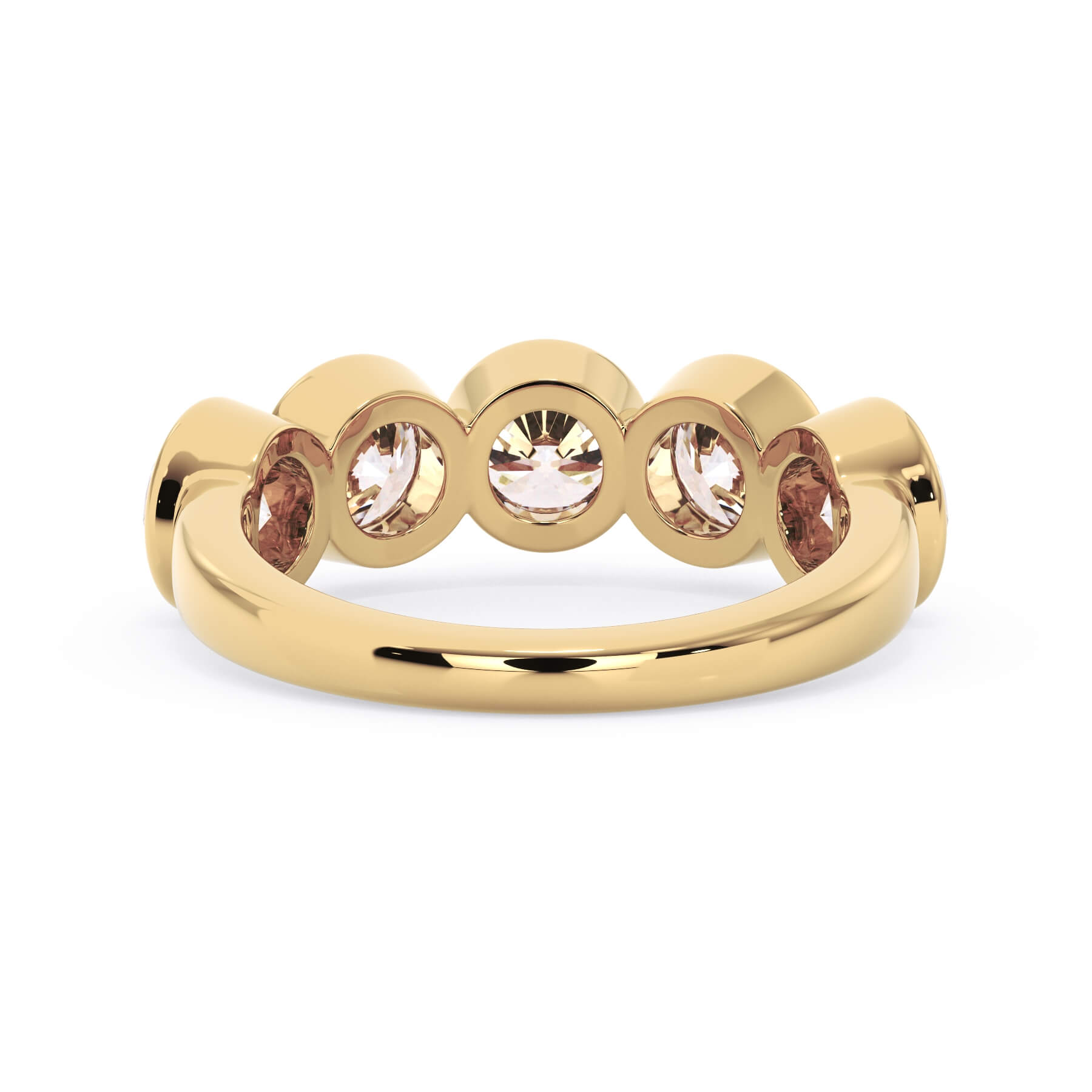 A picture of a five stone diamond wedding ring with round diamonds that are bezel set in yellow gold on a white background with a view of the underside of the ring.