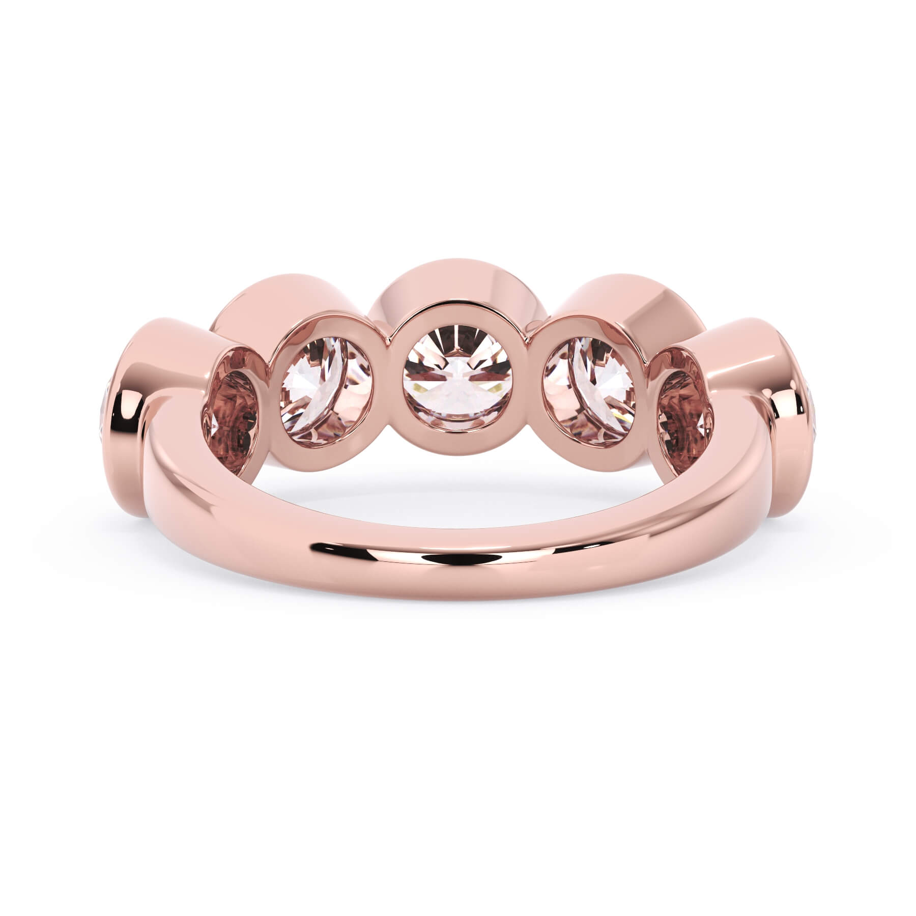 A picture of a five stone diamond wedding ring with round diamonds that are bezel set in rose gold on a white background with a view of the underside of the ring.