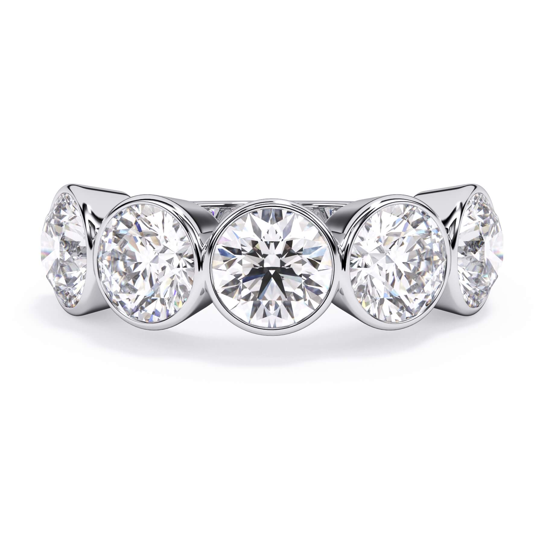 A picture of a five stone diamond wedding ring with round diamonds that are bezel set in white gold or platinum on a white background with the ring facing forward, lying down.