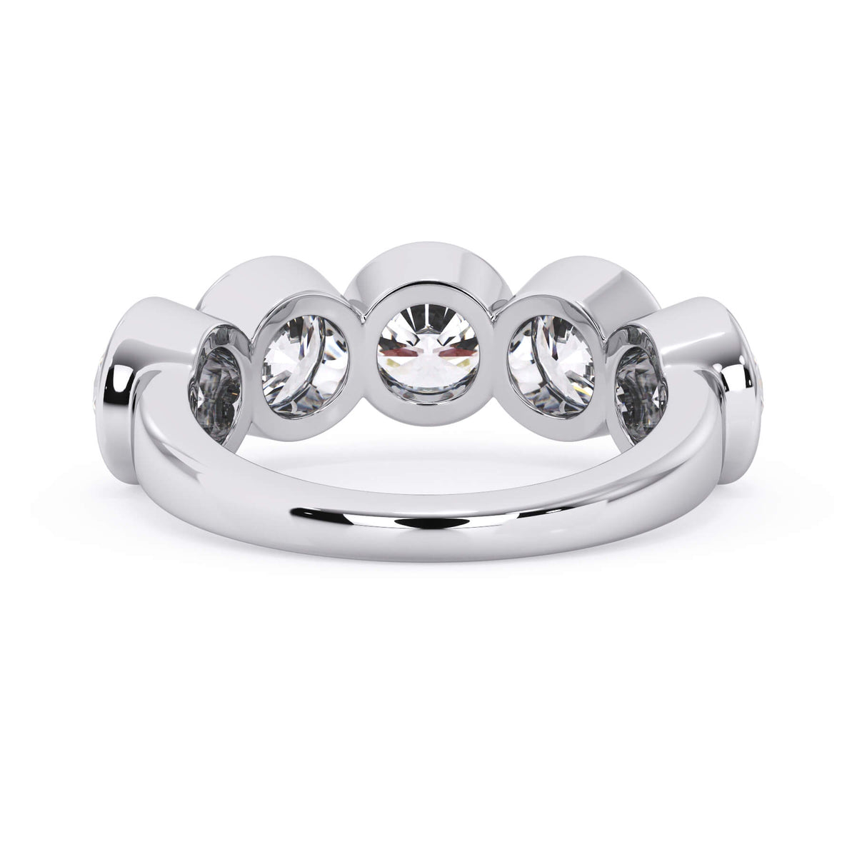 A picture of a five stone diamond wedding ring with round diamonds that are bezel set in white gold or platinum on a white background with a view of the underside of the ring.