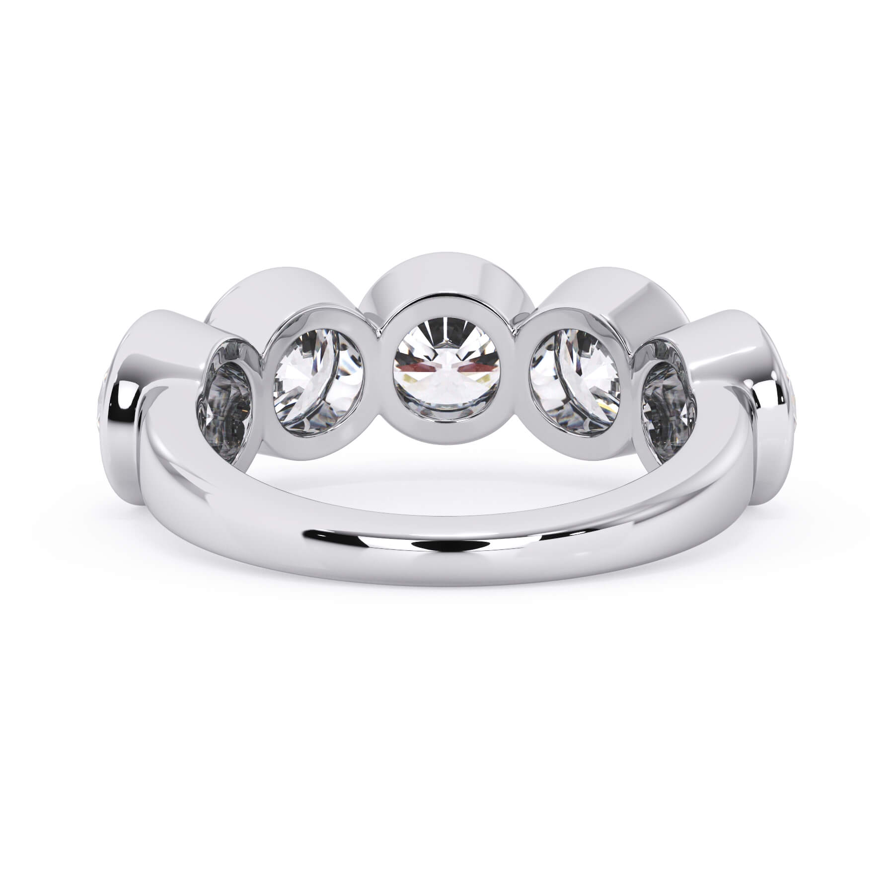 A picture of a five stone diamond wedding ring with round diamonds that are bezel set in white gold or platinum on a white background with a view of the underside of the ring.