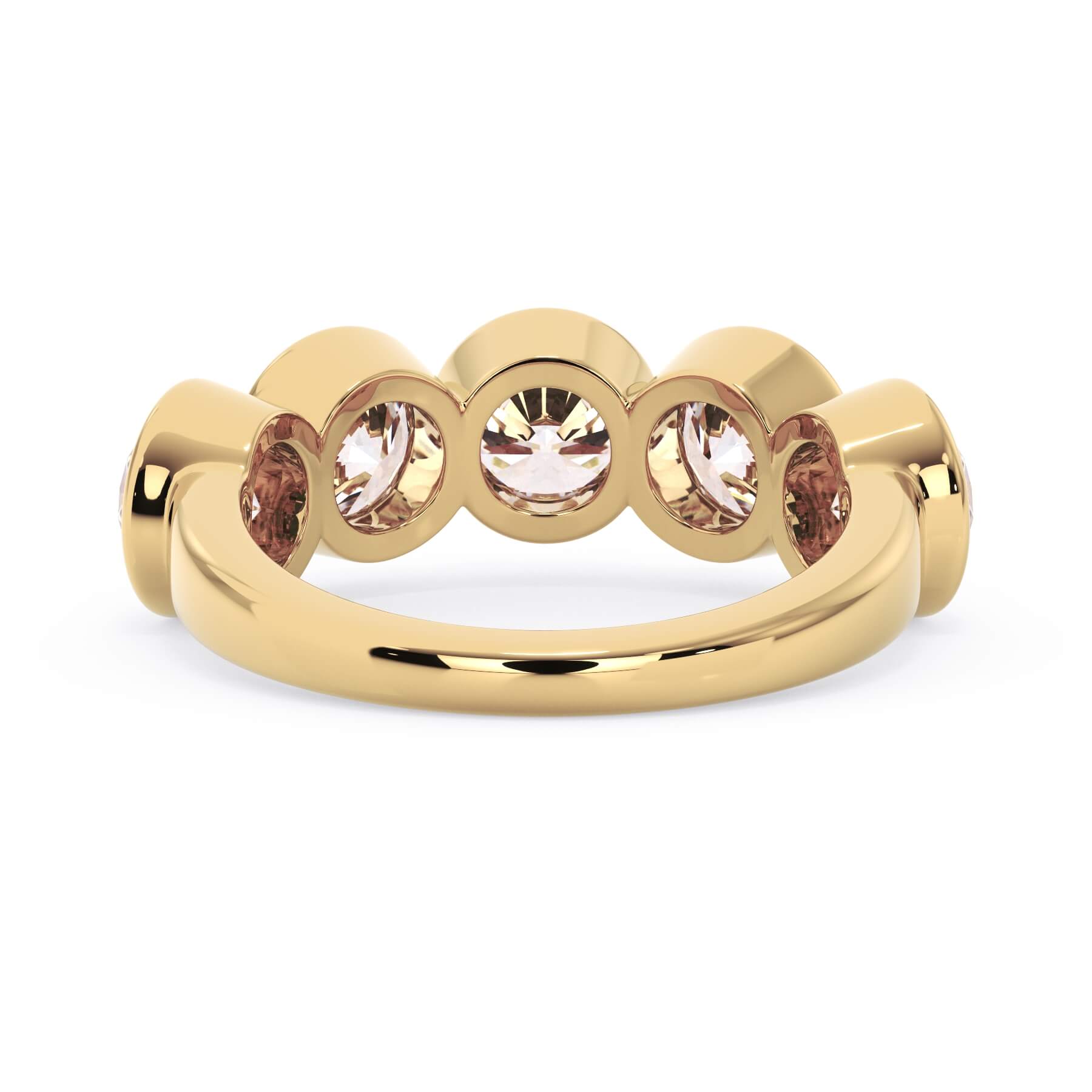 A picture of a five stone diamond wedding ring with round diamonds that are bezel set in yellow gold on a white background with a view of the underside of the ring.