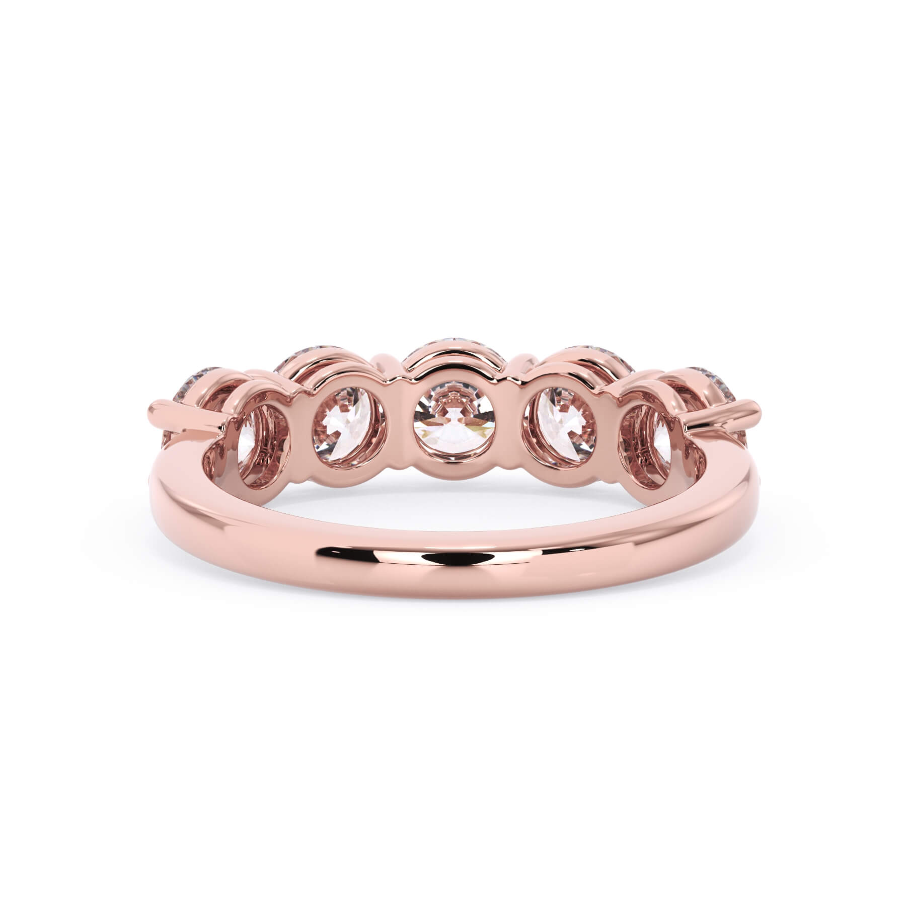 A picture of a five stone diamond wedding ring with round diamonds that are shared prong set in rose gold on a white background with a view of the underside of the ring.