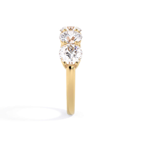 A picture of a five stone diamond wedding ring with round diamonds that are shared prong set in yellow gold on a white background with a side profile view.