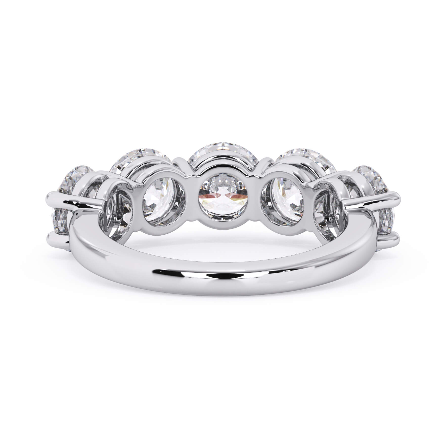 A picture of a five stone diamond wedding ring with round diamonds that are shared prong set in white gold or platinum on a white background with a view of the underside of the ring.