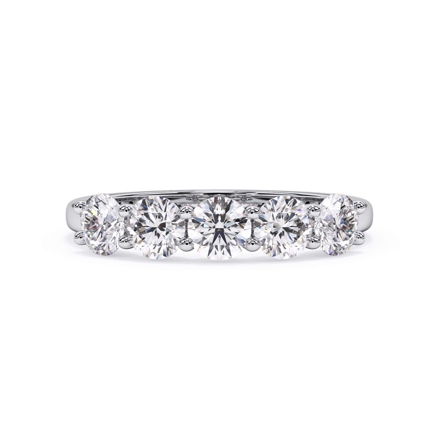 A picture of a five stone diamond wedding ring with round diamonds that are u prong set in white gold or platinum on a white background with the ring facing forward, lying down.