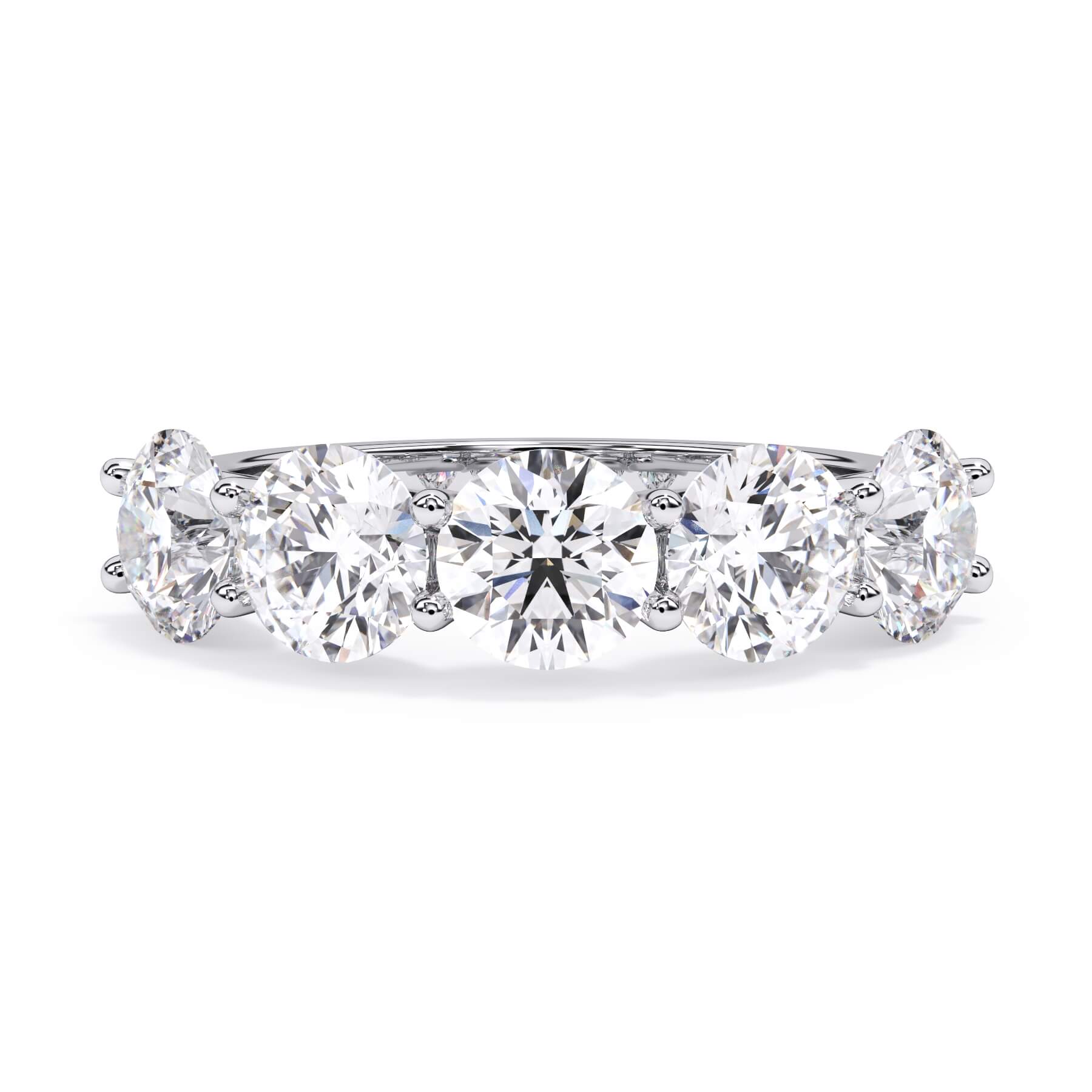 A picture of a five stone diamond wedding ring with round diamonds that are u prong set in white gold or platinum on a white background with the ring facing forward, lying down.