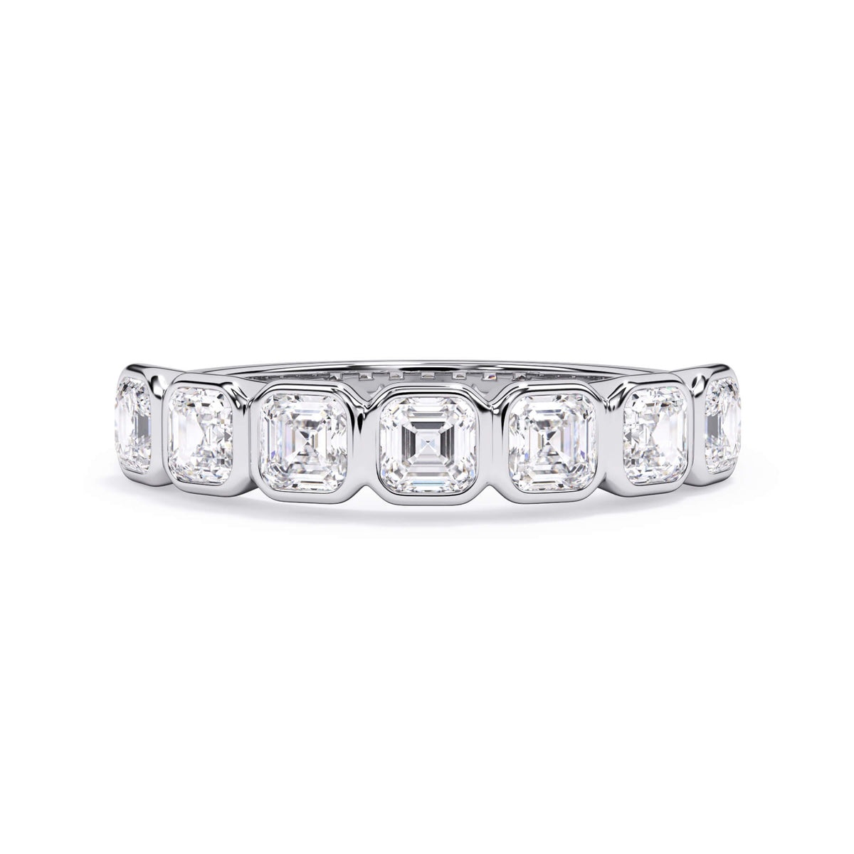 A picture of a seven stone diamond wedding ring with asscher cut diamonds that are bezel set in white gold or platinum on a white background with the ring facing forward, lying down.