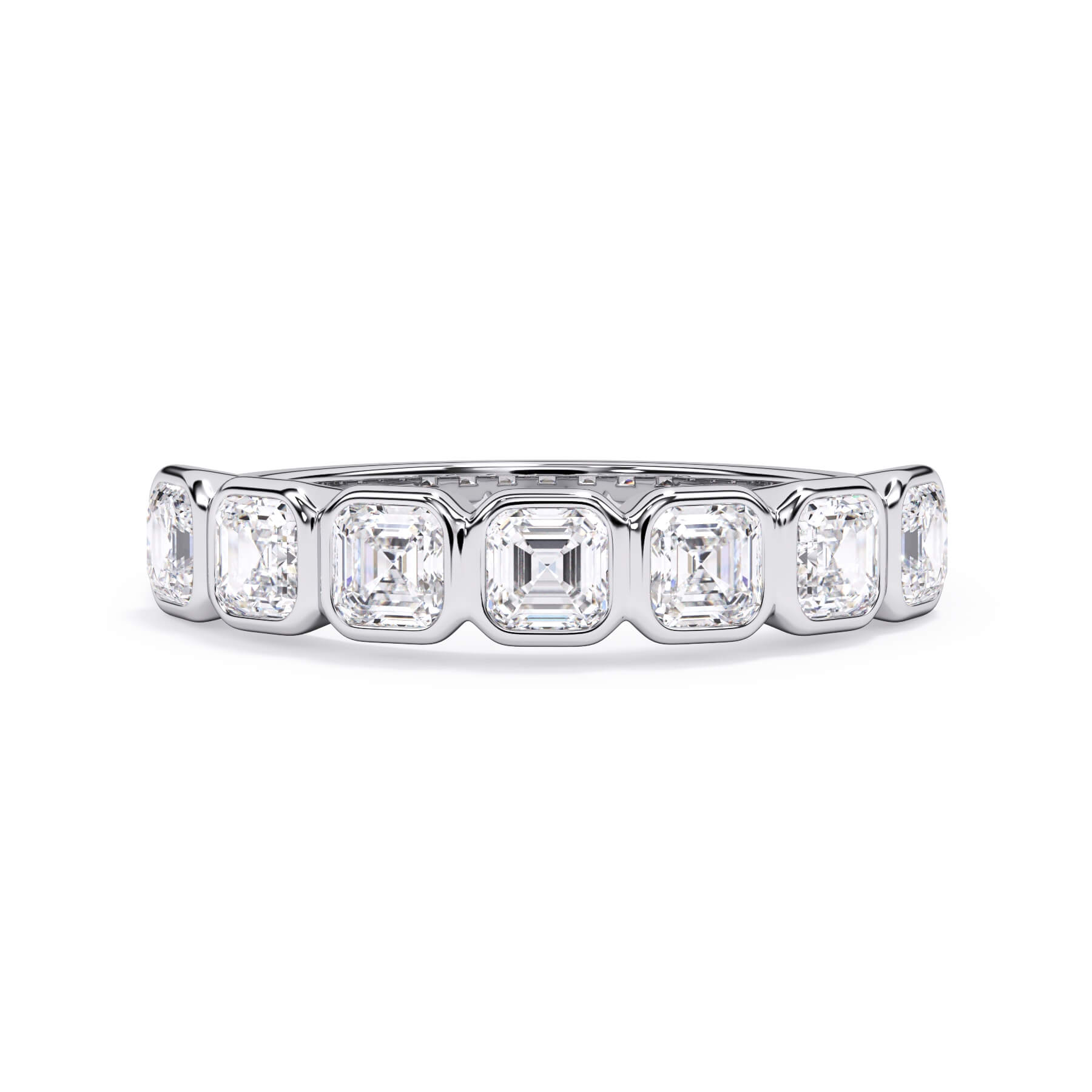 A picture of a seven stone diamond wedding ring with asscher cut diamonds that are bezel set in white gold or platinum on a white background with the ring facing forward, lying down.