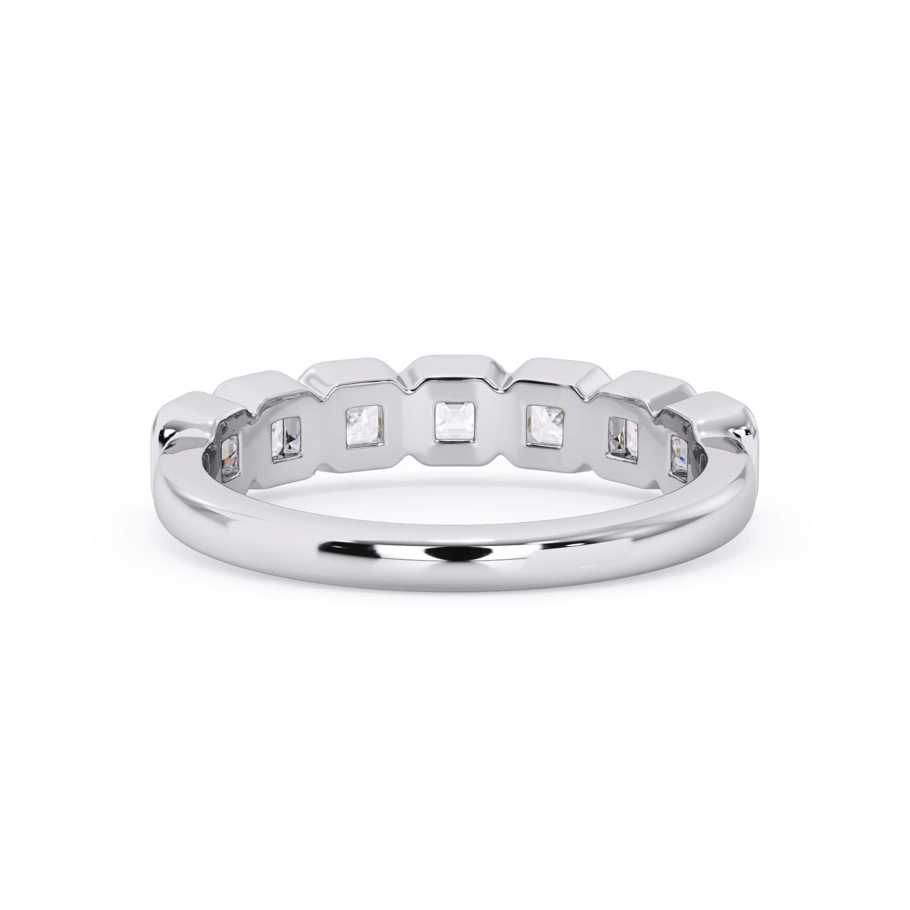 A picture of a seven stone diamond wedding ring with asscher cut diamonds that are bezel set in white gold or platinum on a white background with a view of the underside of the ring.