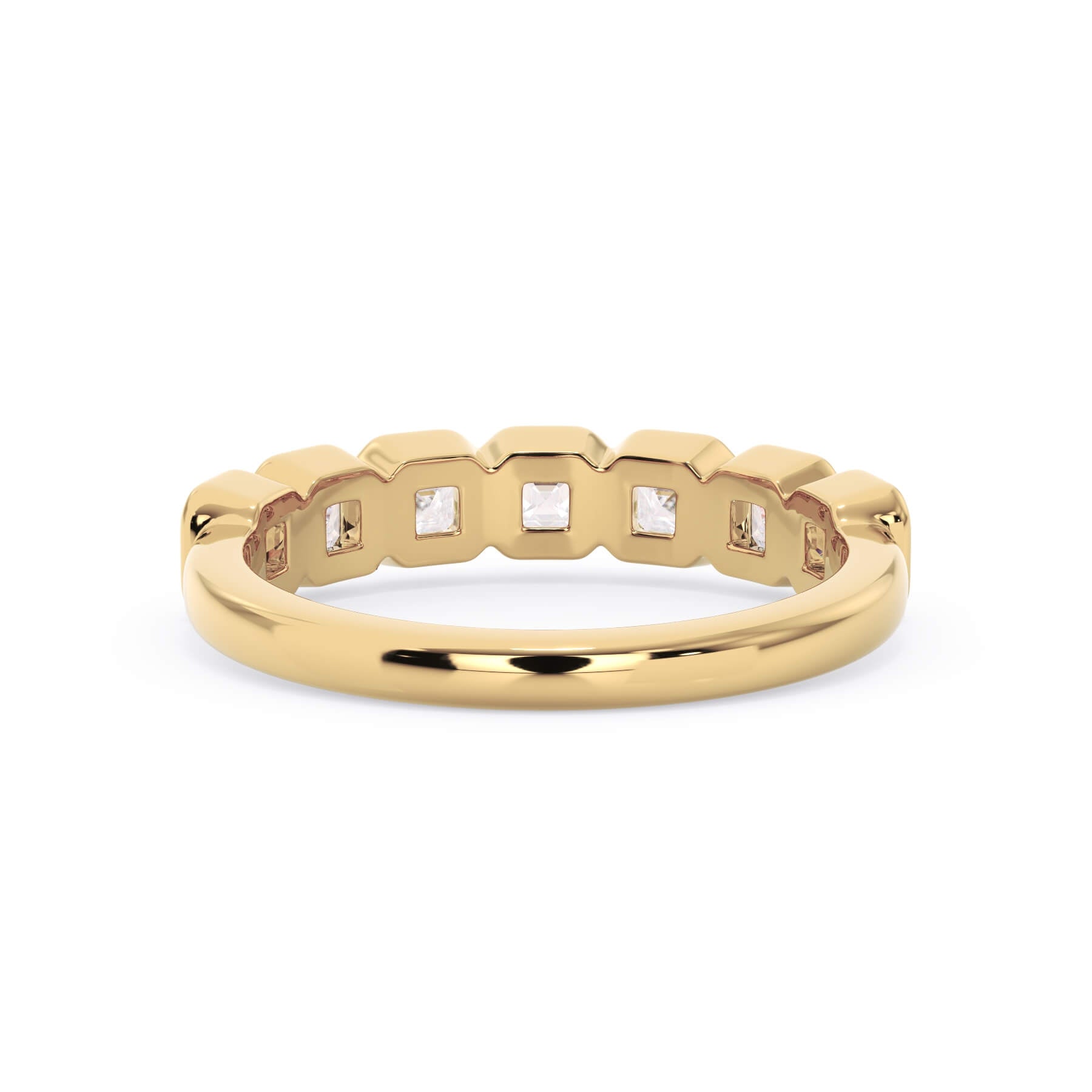A picture of a seven stone diamond wedding ring with asscher cut diamonds that are bezel set in yellow gold on a white background with a view of the underside of the ring.