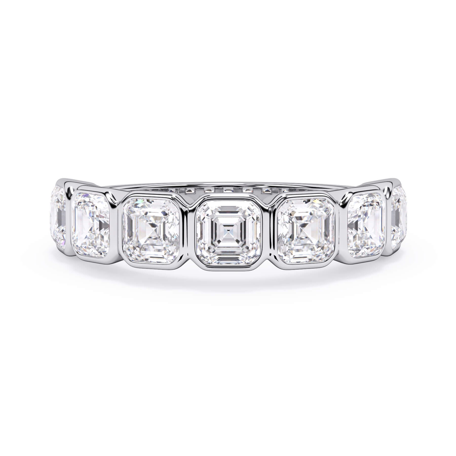 A picture of a seven stone diamond wedding ring with asscher cut diamonds that are bezel set in white gold or platinum on a white background with the ring facing forward, lying down.