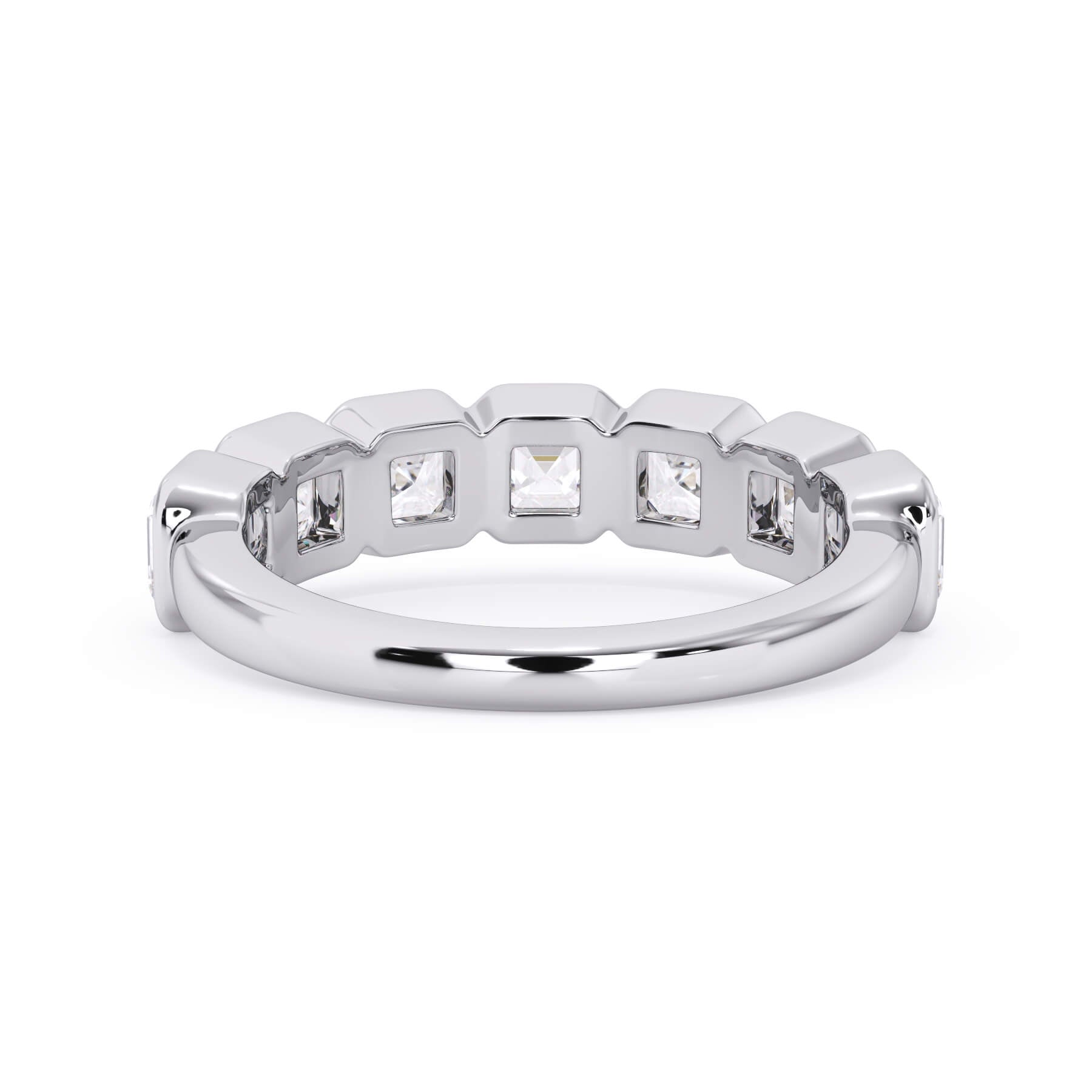 A picture of a seven stone diamond wedding ring with asscher cut diamonds that are bezel set in white gold or platinum on a white background with a view of the underside of the ring.