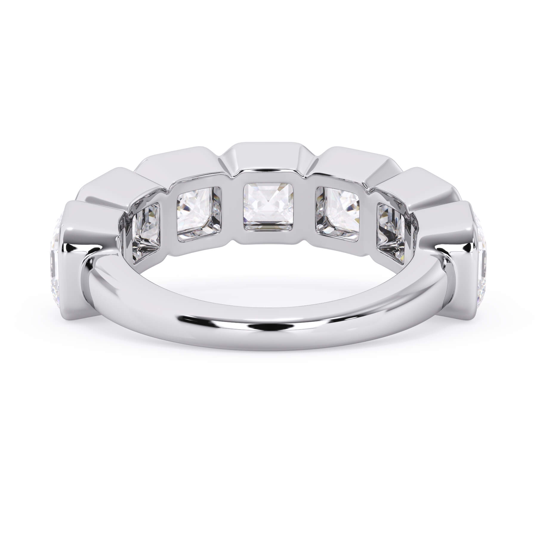 A picture of a seven stone diamond wedding ring with asscher cut diamonds that are bezel set in white gold or platinum on a white background with a view of the underside of the ring.