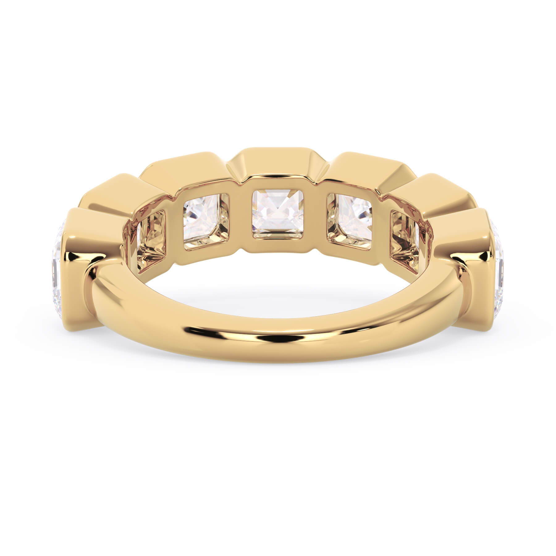 A picture of a seven stone diamond wedding ring with asscher cut diamonds that are bezel set in yellow gold on a white background with a view of the underside of the ring.