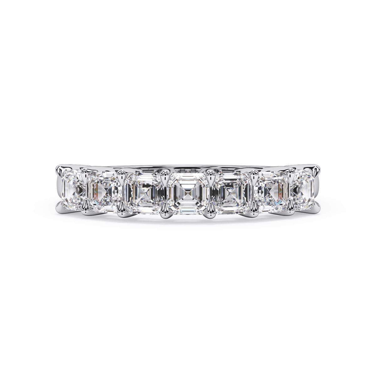 A picture of a seven stone diamond wedding ring with asscher cut diamonds that are shared prong set in white gold or platinum on a white background with the ring facing forward, lying down.
