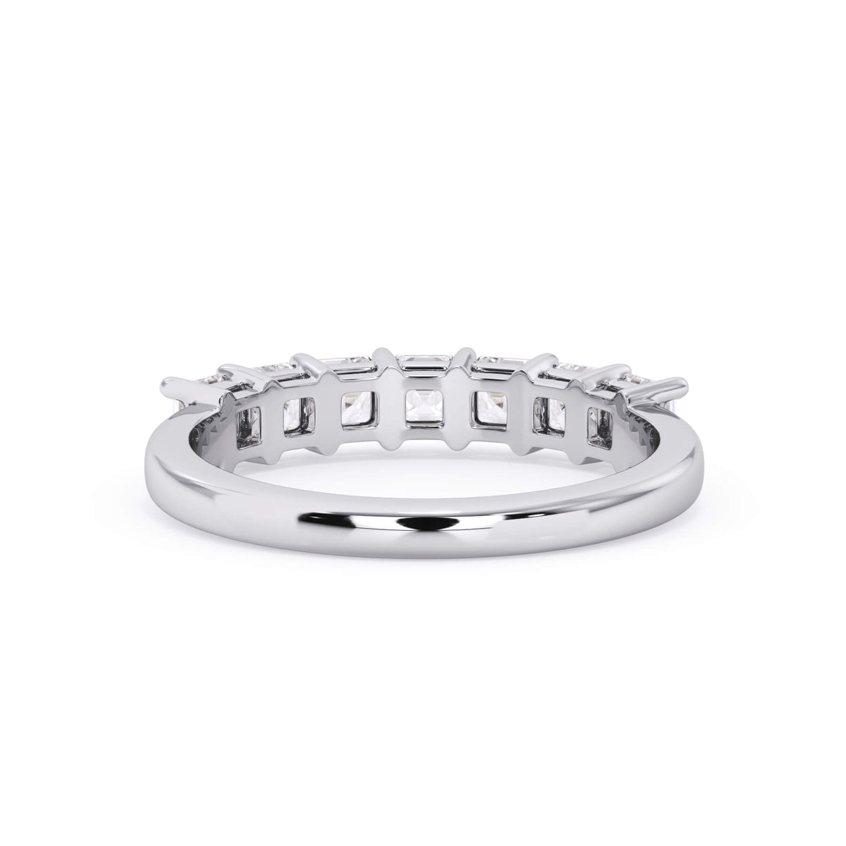 A picture of a seven stone diamond wedding ring with asscher cut diamonds that are shared prong set in white gold or platinum on a white background with a view of the underside of the ring.