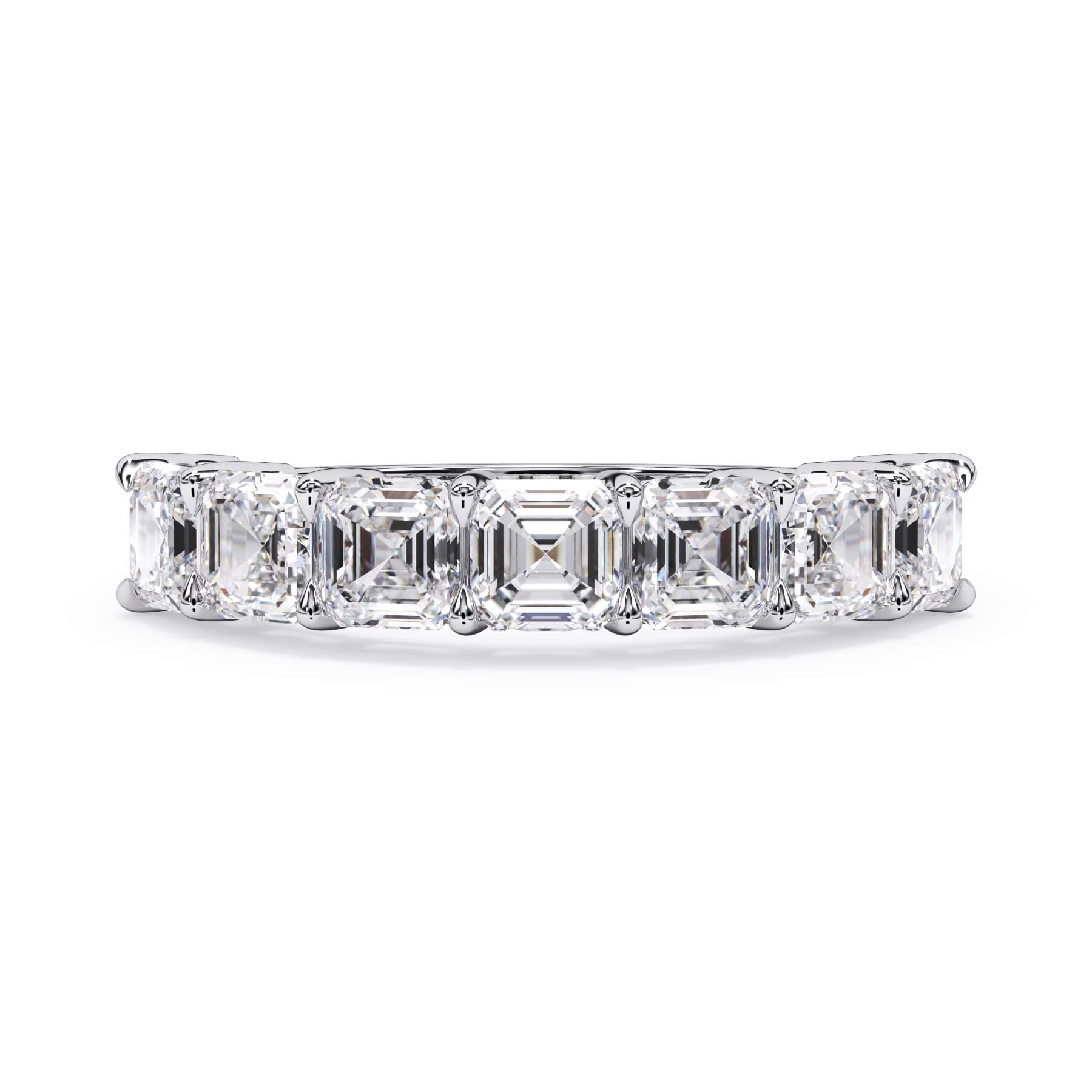 A picture of a seven stone diamond wedding ring with asscher cut diamonds that are shared prong set in white gold or platinum on a white background with the ring facing forward, lying down.