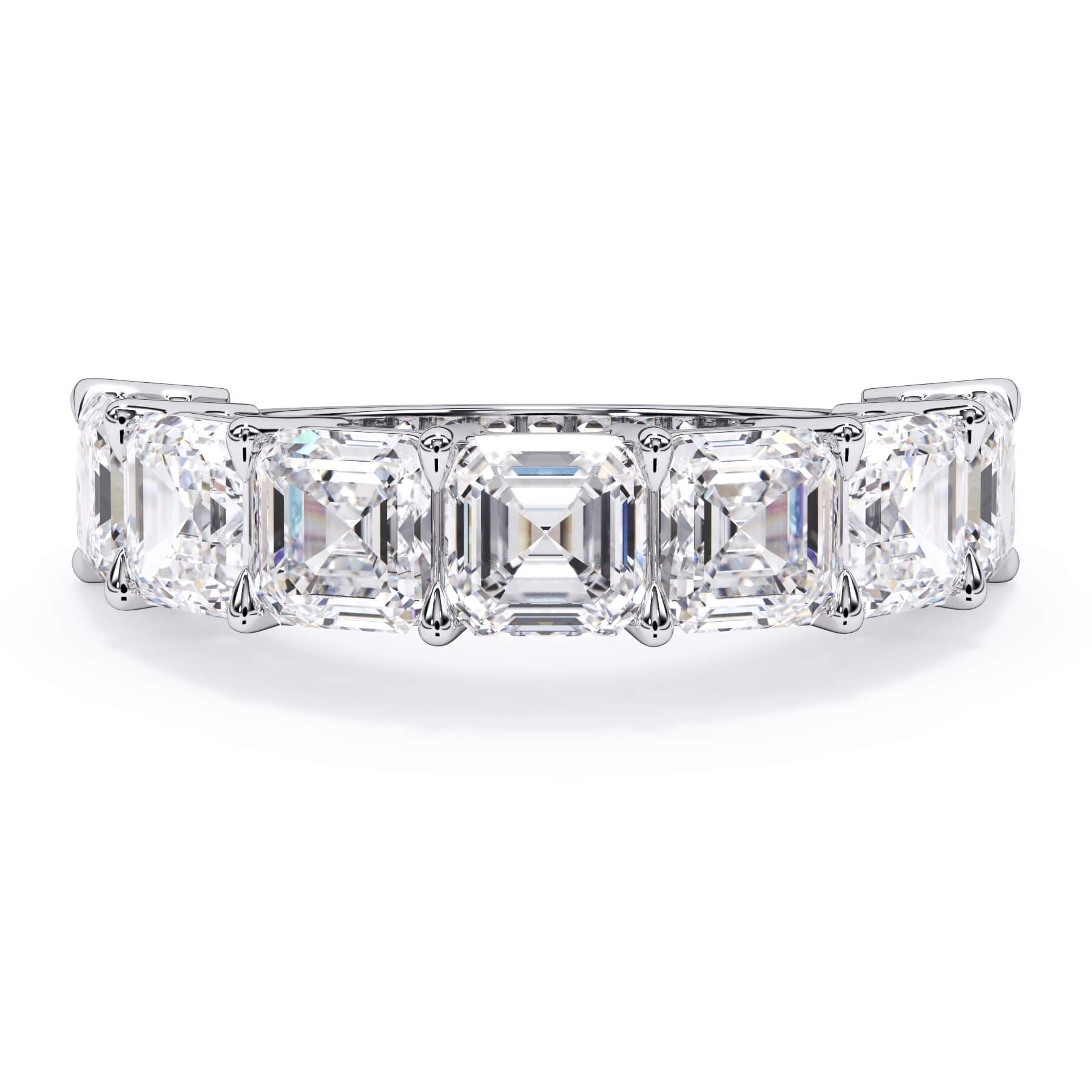 A picture of a seven stone diamond wedding ring with asscher cut diamonds that are shared prong set in white gold or platinum on a white background with the ring facing forward, lying down.