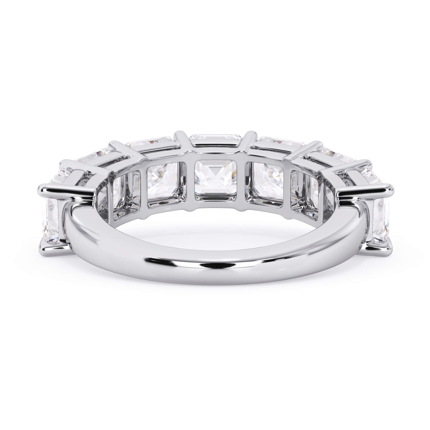 A picture of a seven stone diamond wedding ring with asscher cut diamonds that are shared prong set in white gold or platinum on a white background with a view of the underside of the ring.
