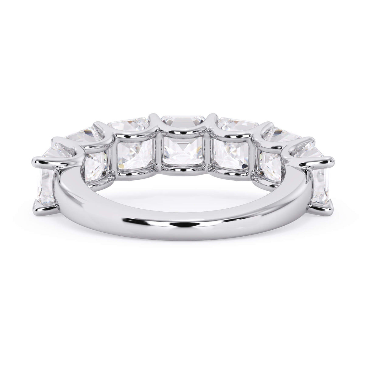 A picture of a seven stone diamond wedding ring with asscher cut diamonds that are U prong set in white gold or platinum on a white background with a view of the underside of the ring.