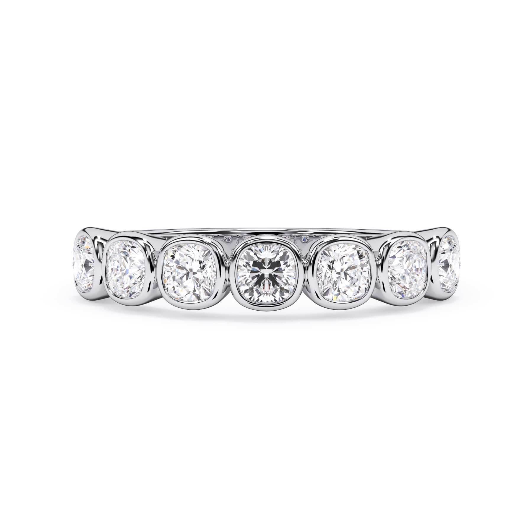 A picture of a seven stone diamond wedding ring with cushion cut diamonds that are bezel set in white gold or platinum on a white background with the ring facing forward, lying down.