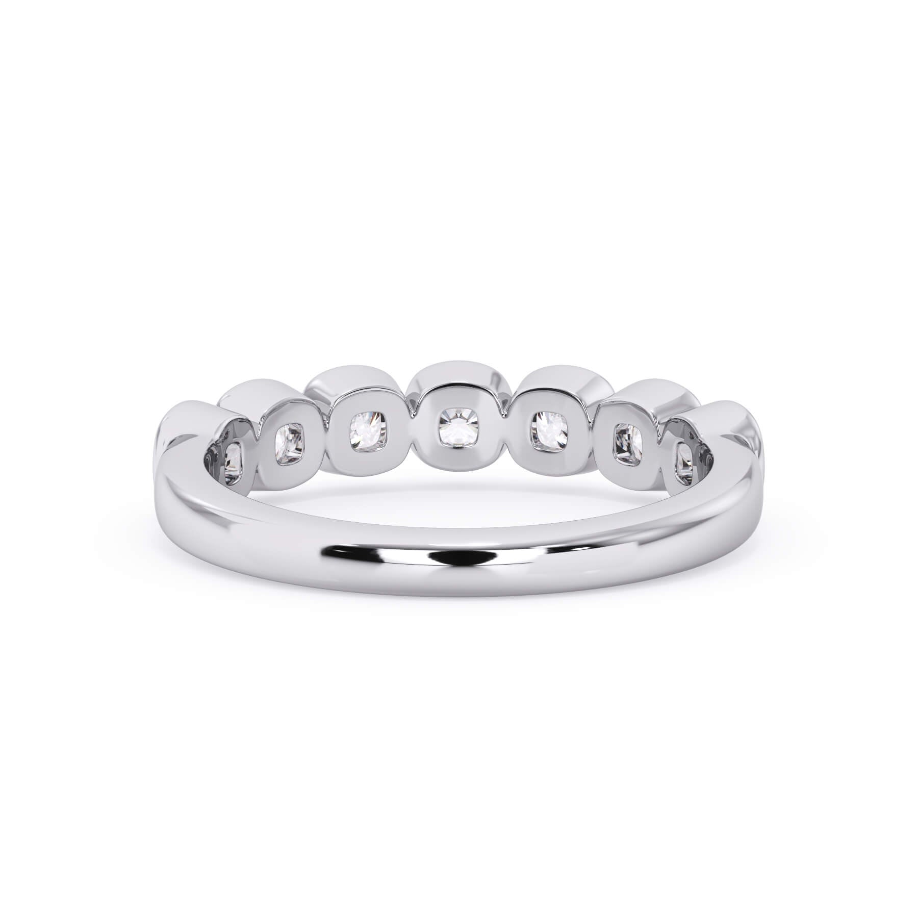 A picture of a seven stone diamond wedding ring with cushion cut diamonds that are bezel set in white gold or platinum on a white background with a view of the underside of the ring.
