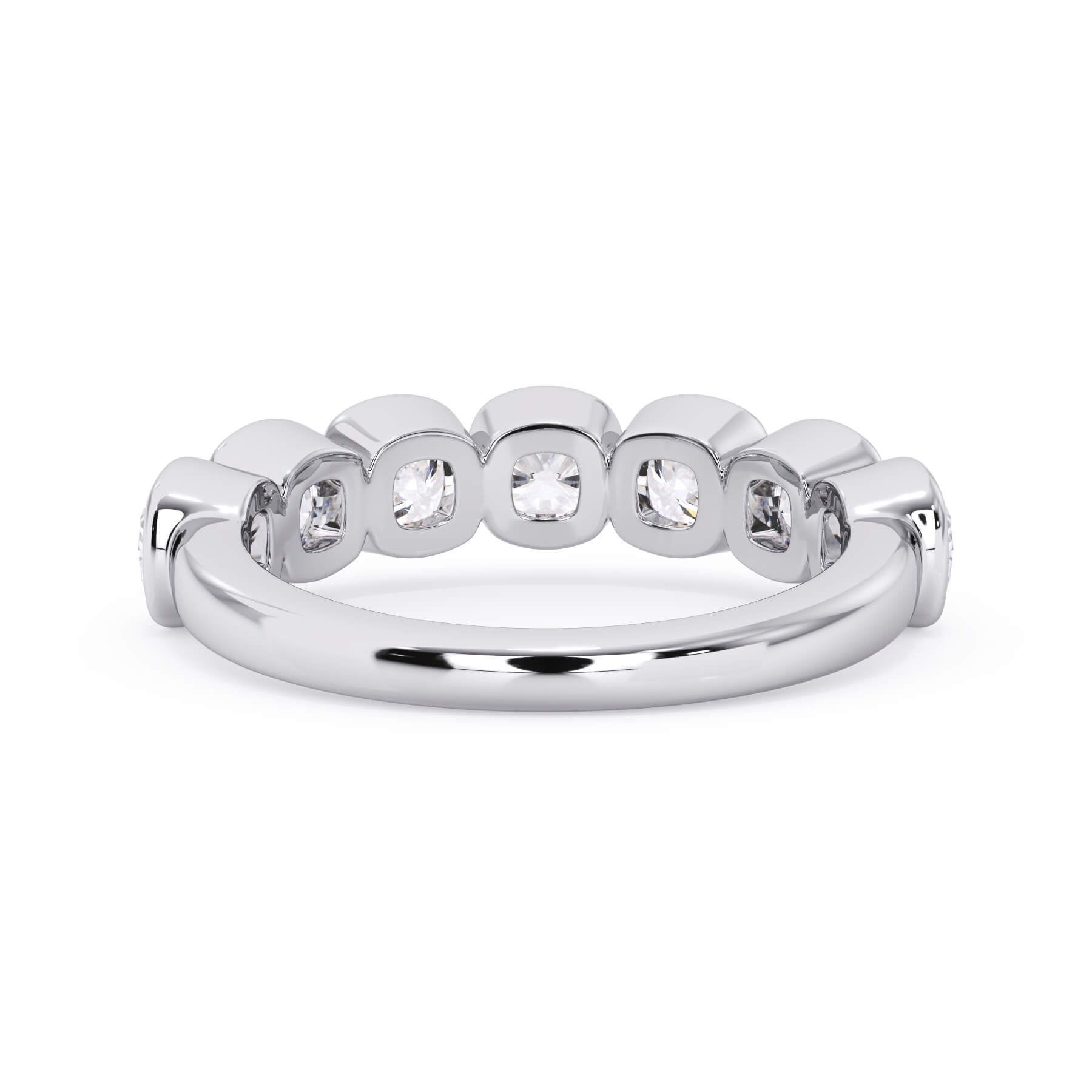 A picture of a seven stone diamond wedding ring with cushion cut diamonds that are bezel set in white gold or platinum on a white background with the ring facing forward, lying down.